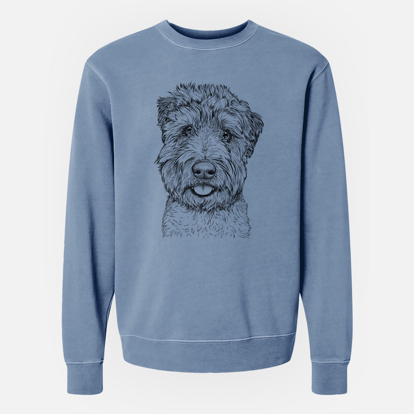 Hand-drawn sketch of Milton the Soft Coated Wheaten Terrier on a Slate Blue Unisex pigment dyed crew sweatshirt