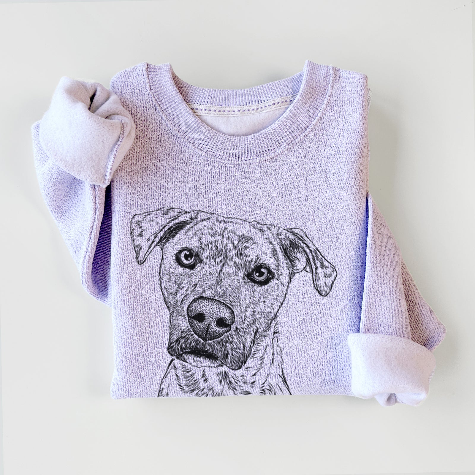 Hand-drawn sketch of Monster Baby the Pitbull Mix on an Ice Purple knit sweatshirt