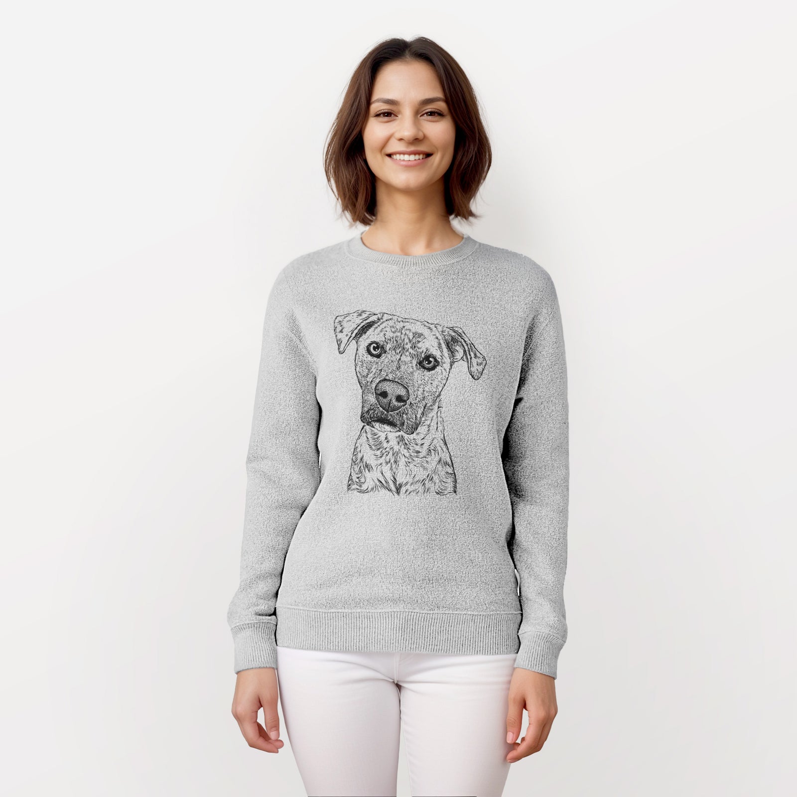Hand-drawn sketch of Monster Baby the Pitbull Mix on a knit sweatshirt, worn by a woman