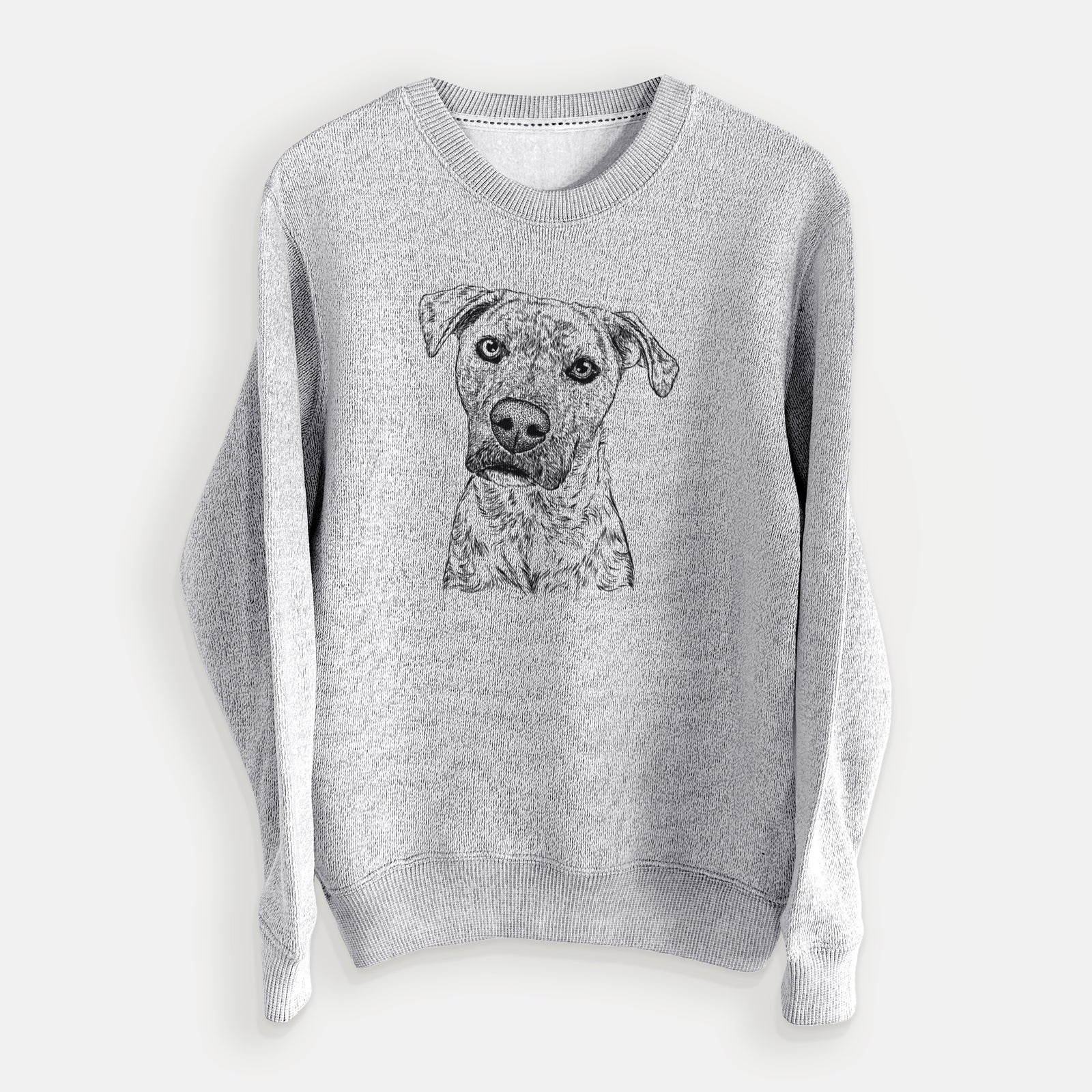 Hand-drawn sketch of Monster Baby the Pitbull Mix on a Salt Pepper knit sweatshirt