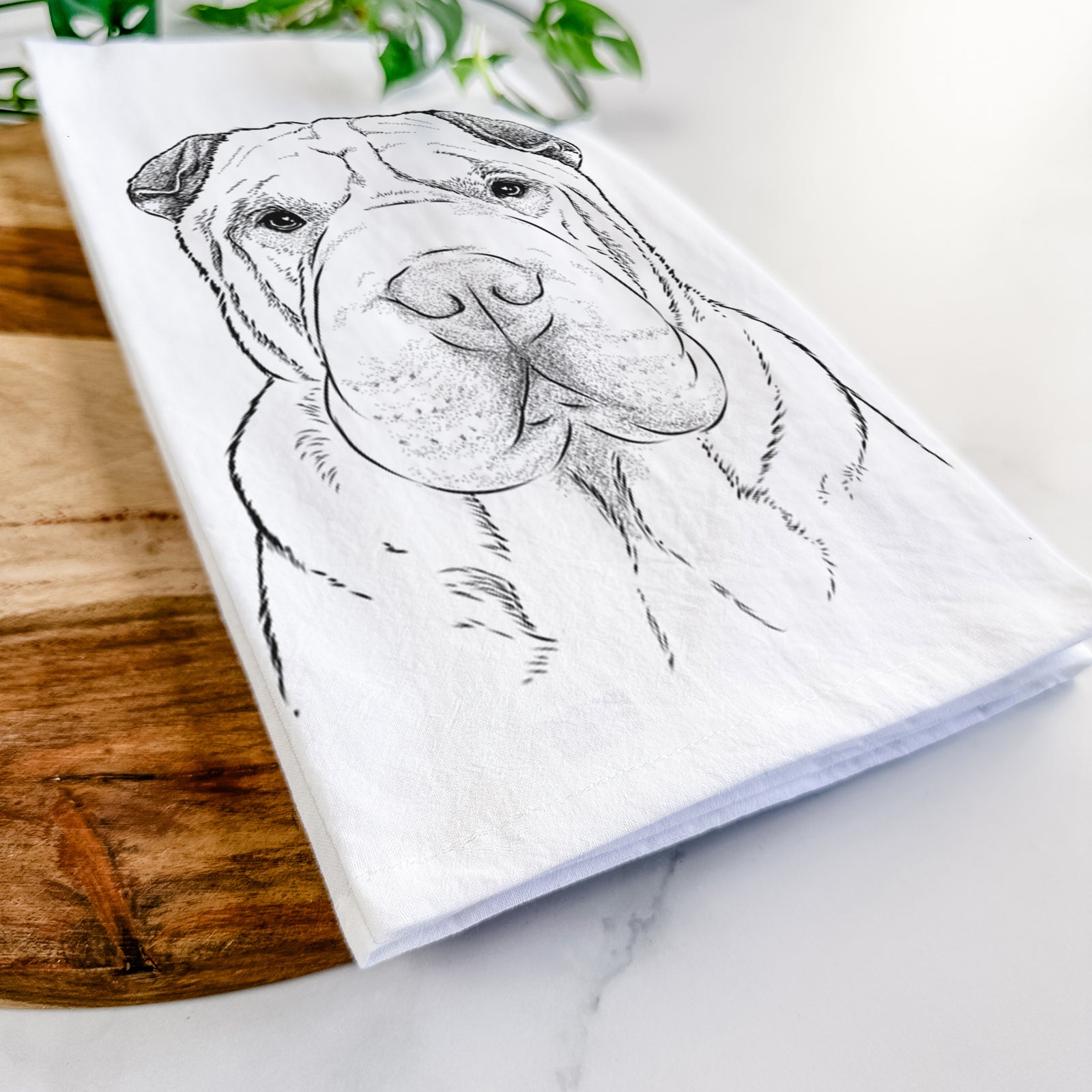 Hand-drawn sketch of Moomers the Shar Pei on a tea towel