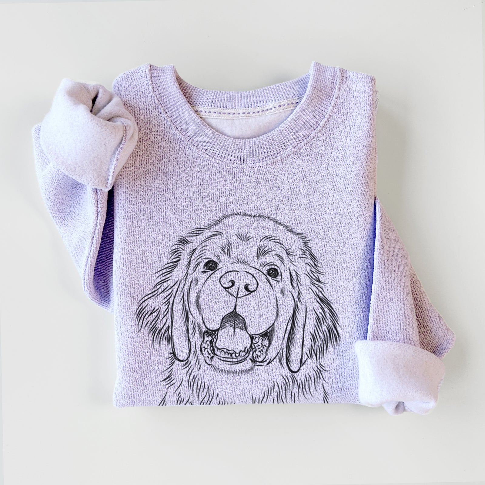 Hand-drawn sketch of Mozart the Newfoundland on an Ice Purple knit sweatshirt