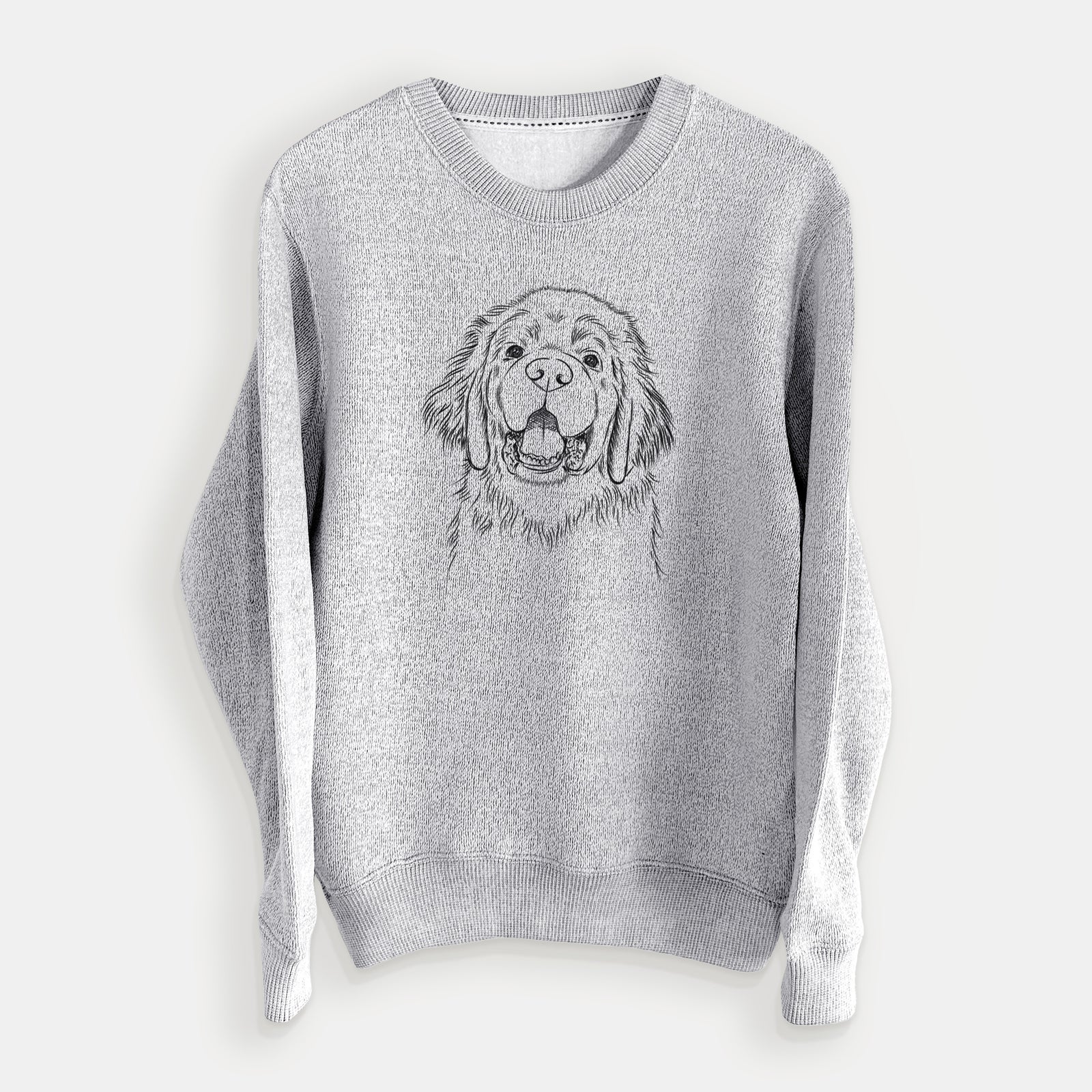 Hand-drawn sketch of Mozart the Newfoundland on a Salt Pepper knit sweatshirt