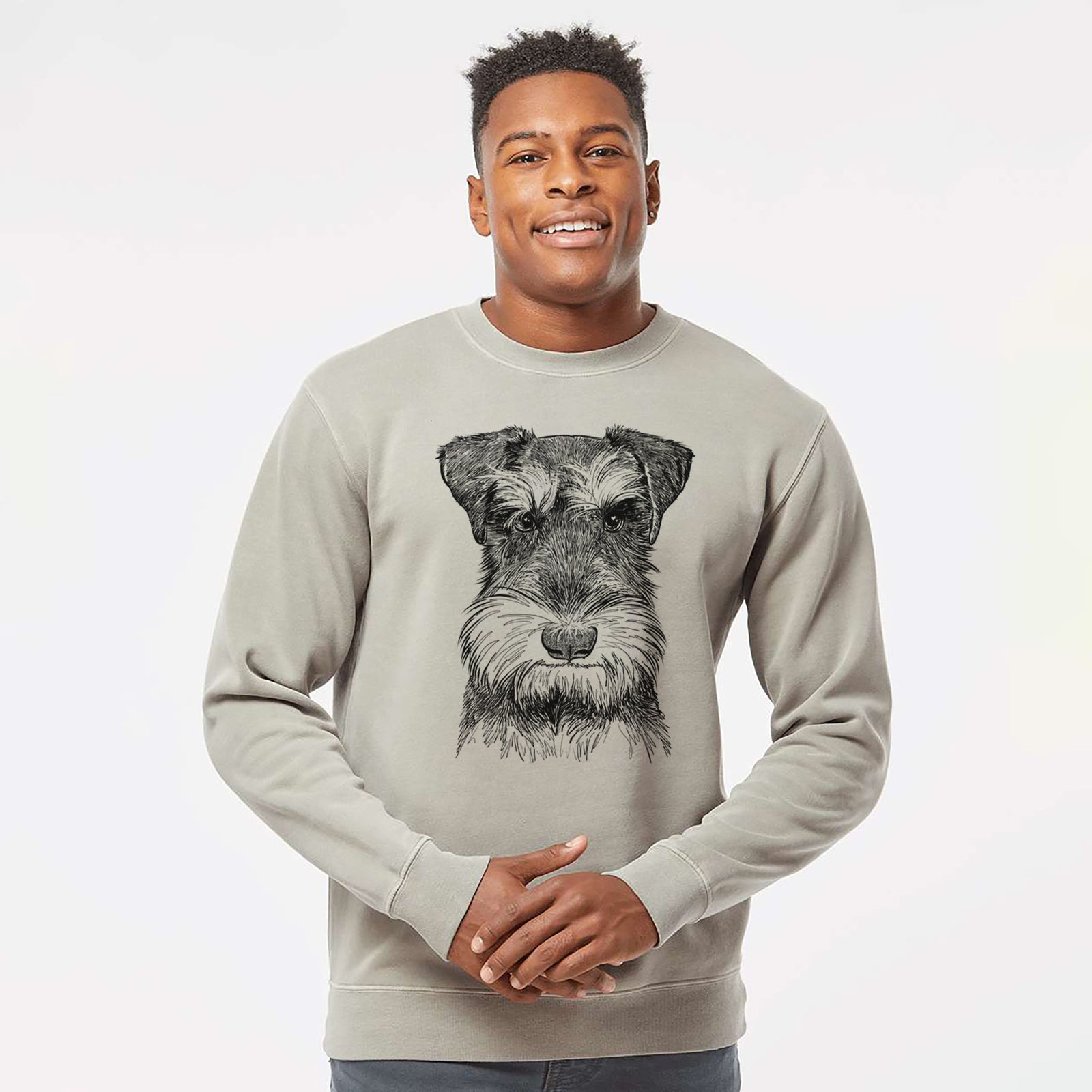 Hand-drawn sketch of Murphy the Mini Schnauzer on a Cement Unisex pigment dyed crew sweatshirt