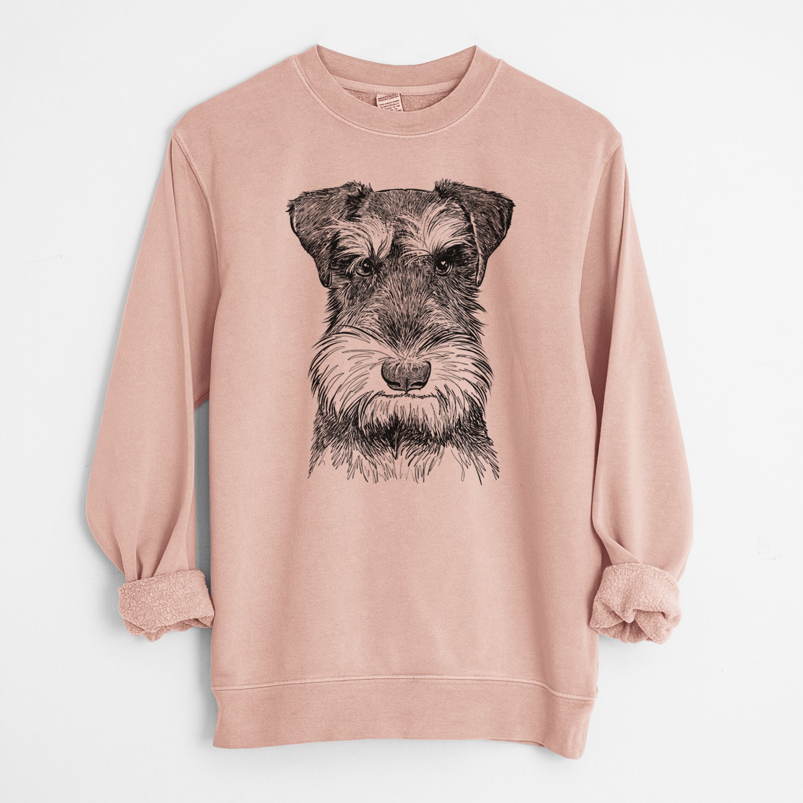 Hand-drawn sketch of Murphy the Mini Schnauzer on a Dusty Pink Unisex pigment dyed crew sweatshirt