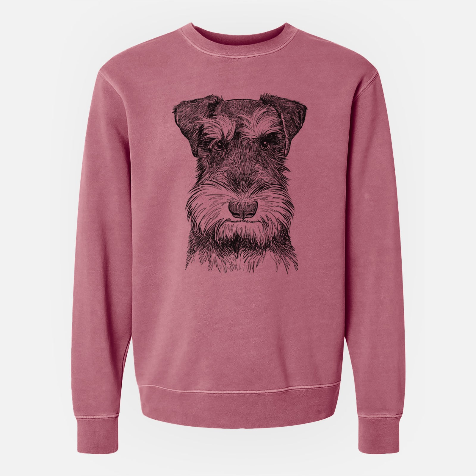 Hand-drawn sketch of Murphy the Mini Schnauzer on a Maroon Unisex pigment dyed crew sweatshirt