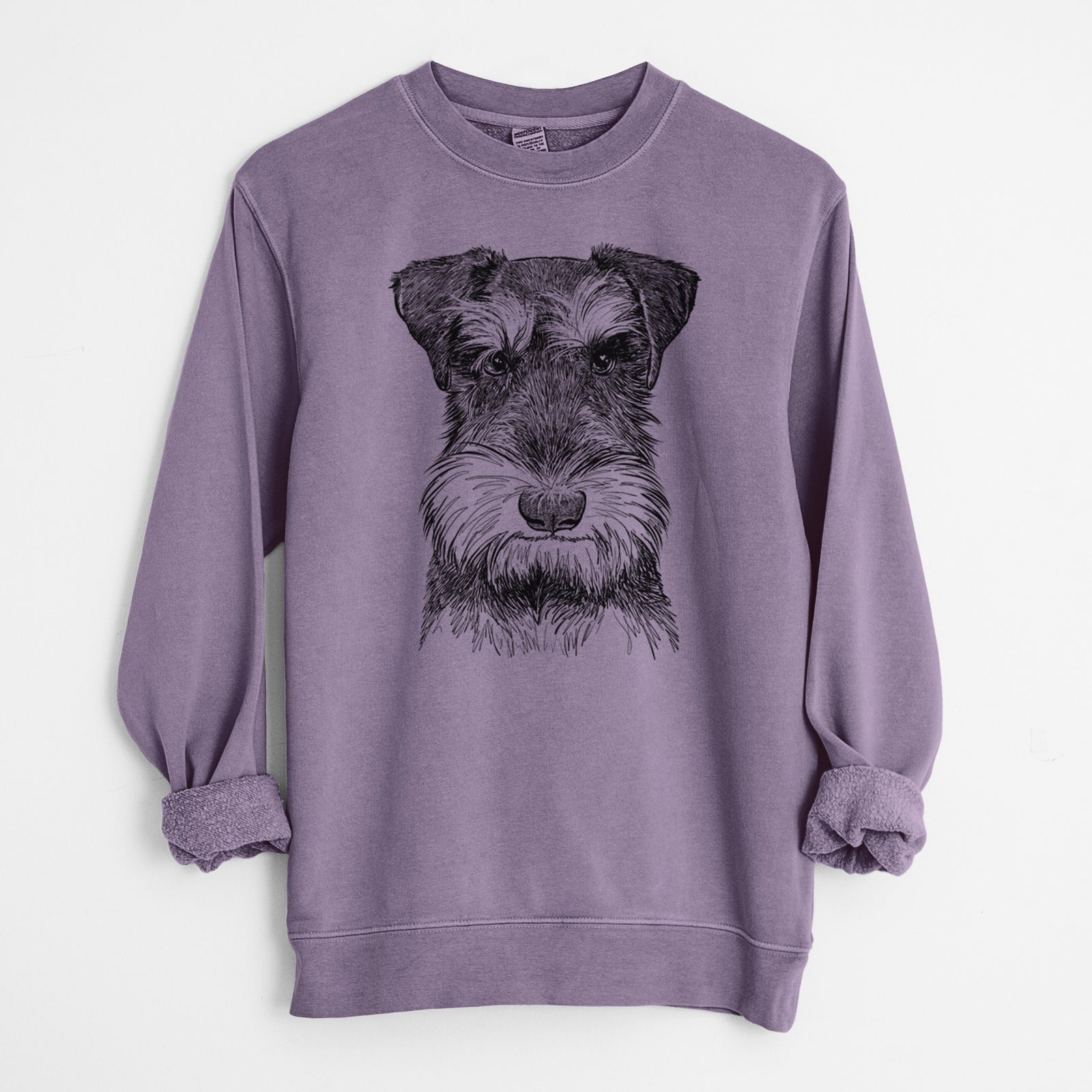 Hand-drawn sketch of Murphy the Mini Schnauzer on a Plum Unisex pigment dyed crew sweatshirt