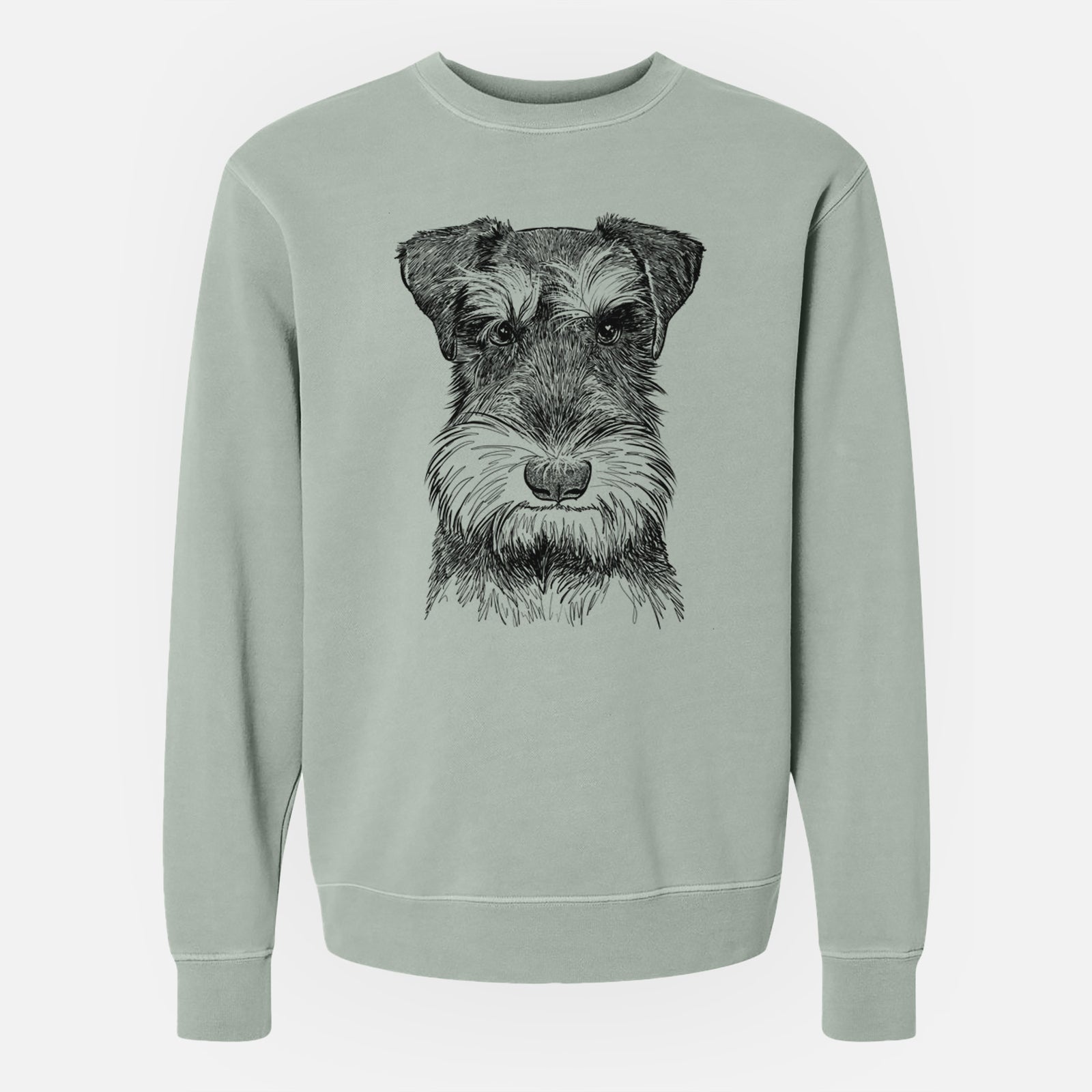 Hand-drawn sketch of Murphy the Mini Schnauzer on a Sage Unisex pigment dyed crew sweatshirt