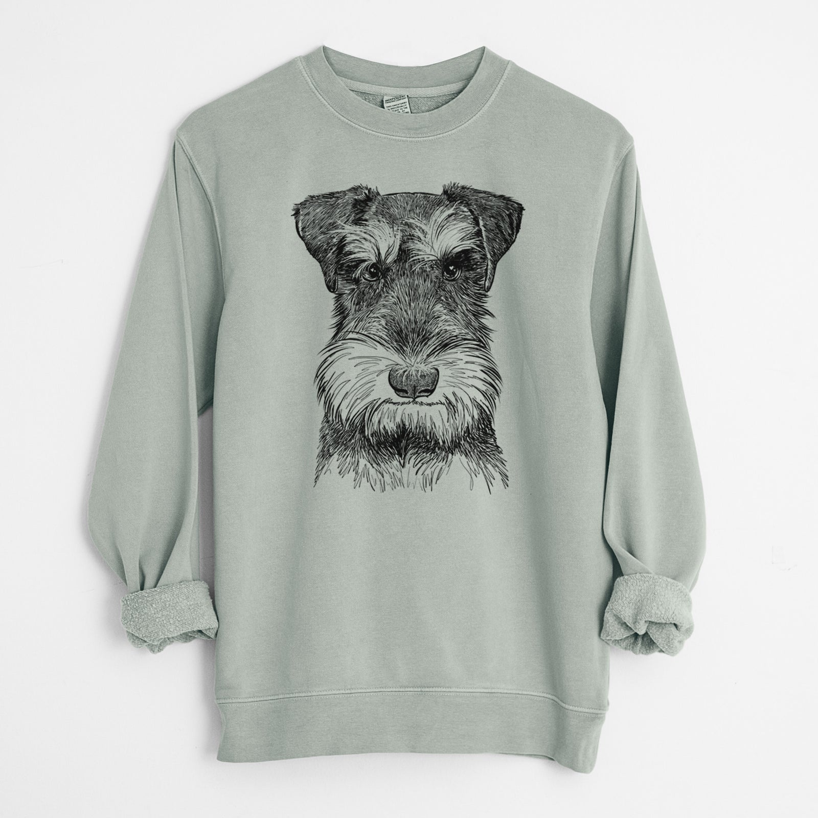 Hand-drawn sketch of Murphy the Mini Schnauzer on a Sage Unisex pigment dyed crew sweatshirt