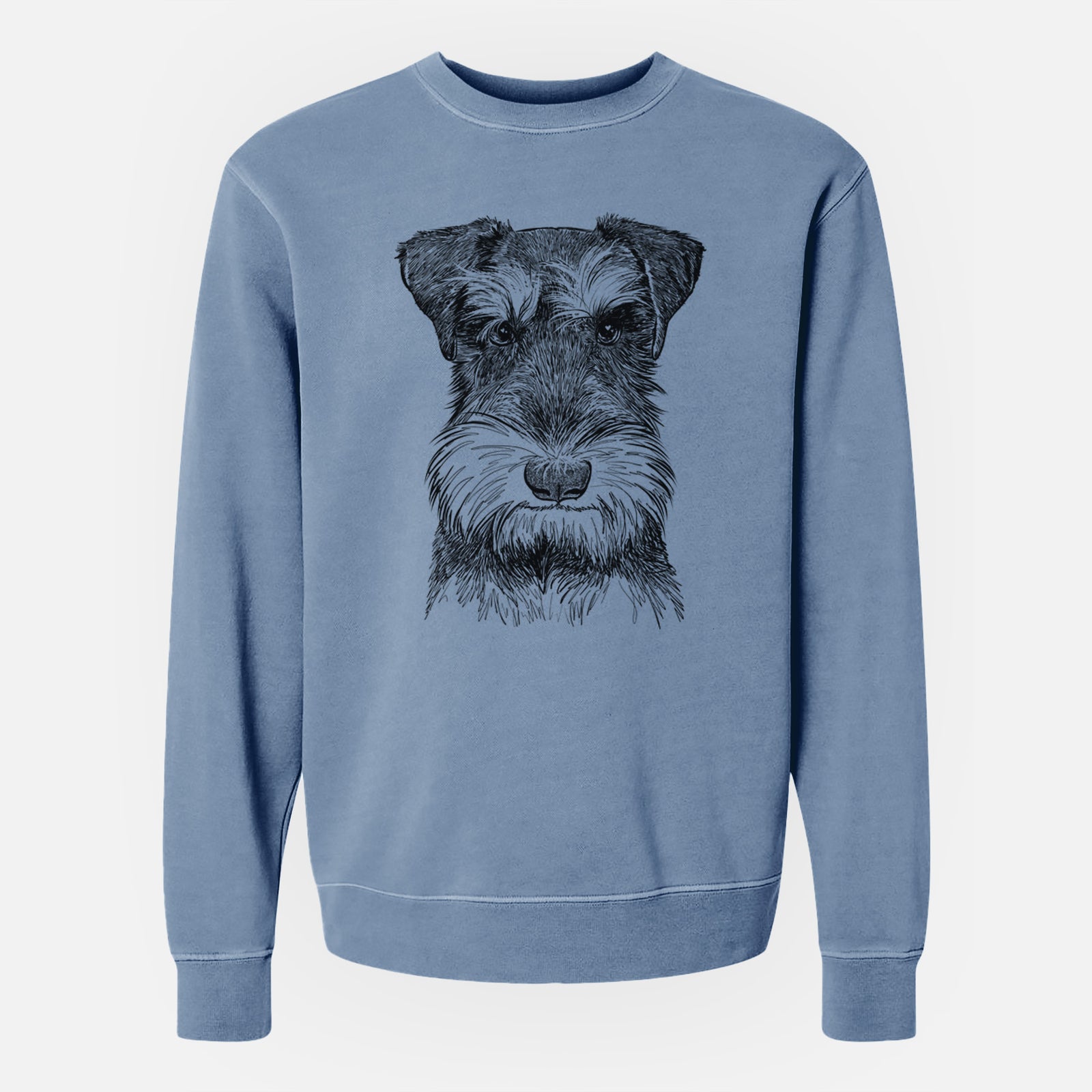 Hand-drawn sketch of Murphy the Mini Schnauzer on a Slate Blue Unisex pigment dyed crew sweatshirt