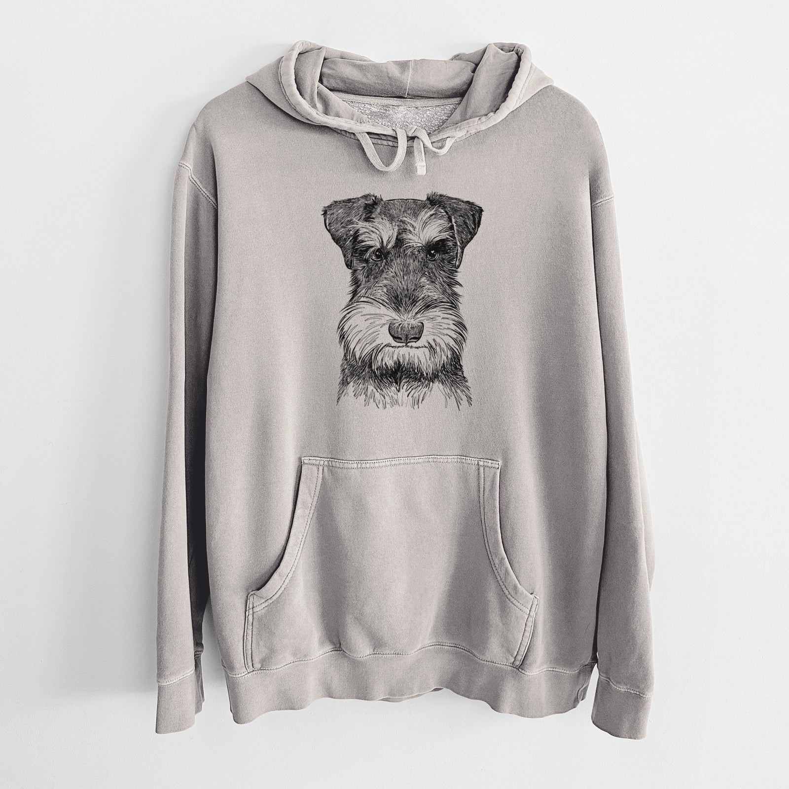 Hand-drawn sketch of Murphy the Mini Schnauzer on a Cement Unisex pigment dyed hoodie