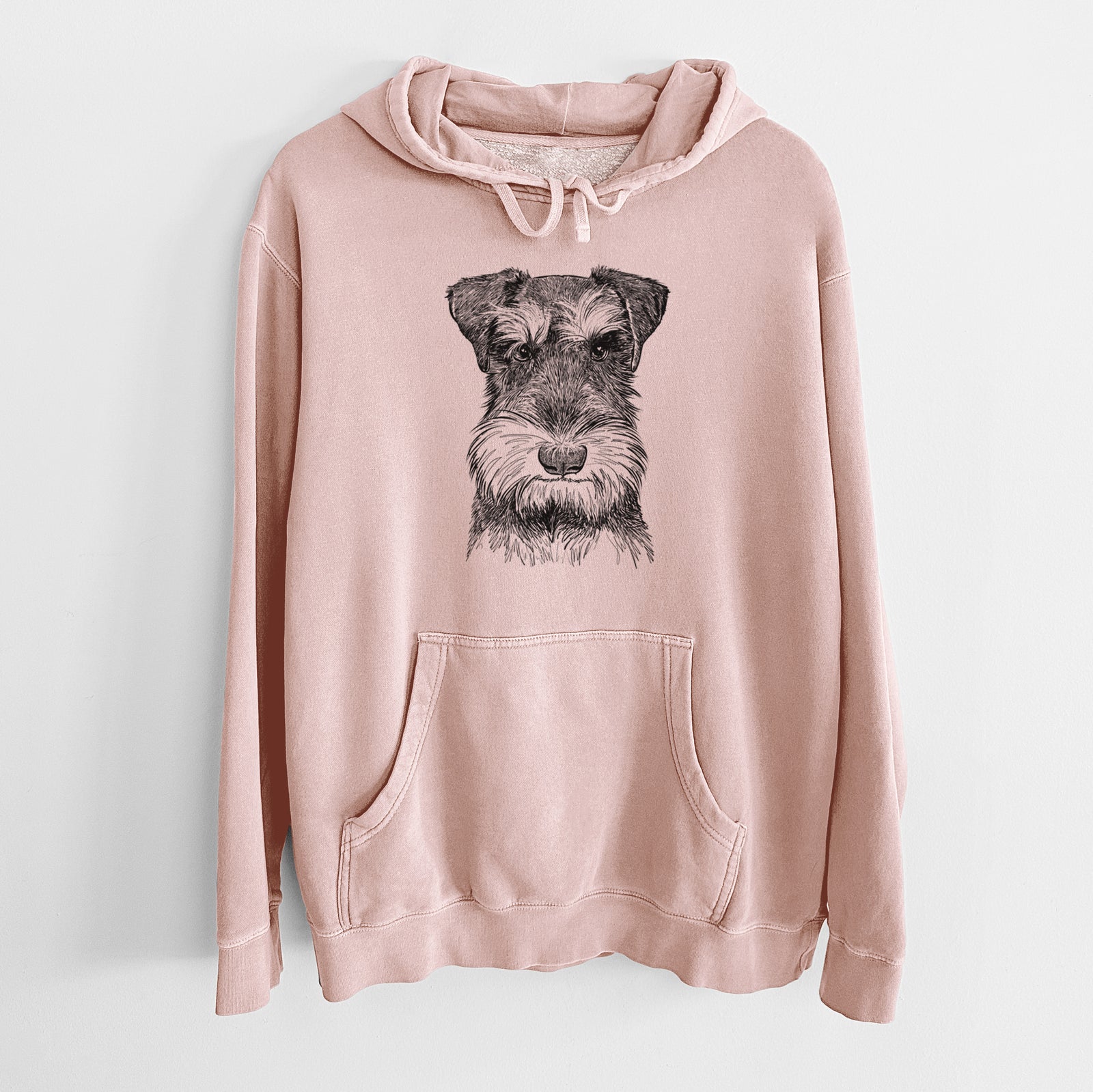 Hand-drawn sketch of Murphy the Mini Schnauzer on a Dusty Pink Unisex pigment dyed hoodie