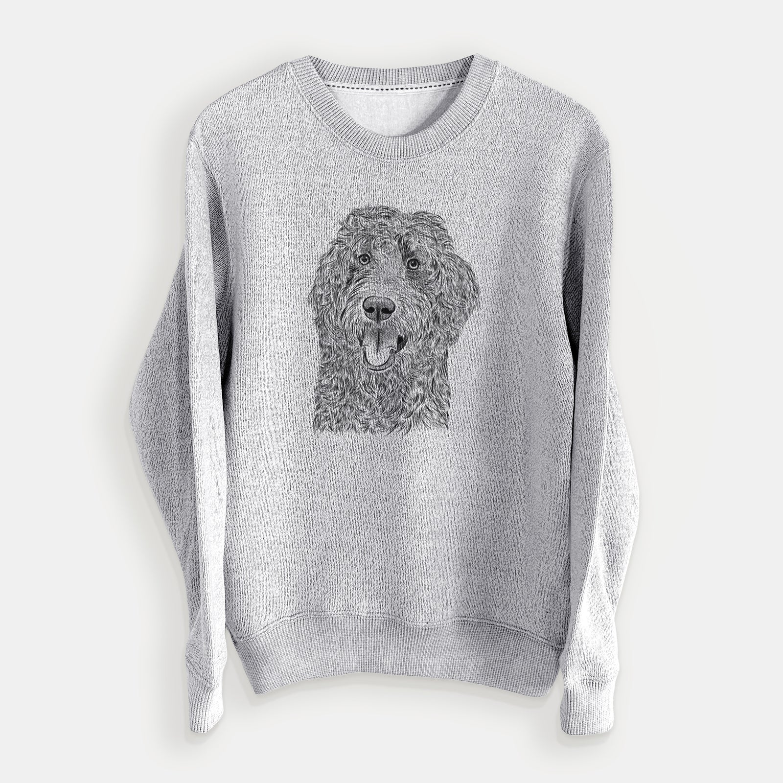 Hand-drawn sketch of Murr Dog the Labradoodle on a Salt Pepper knit sweatshirt