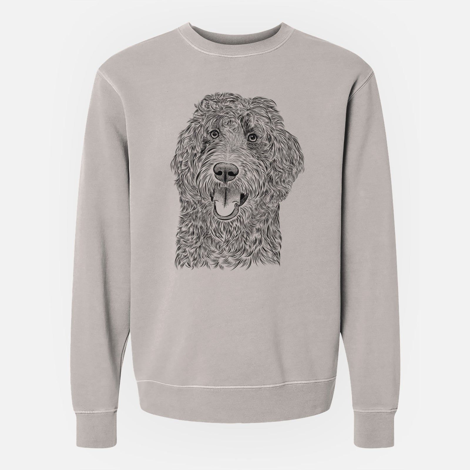 Hand-drawn sketch of Murr Dog the Labradoodle on a Cement Unisex pigment dyed crew sweatshirt