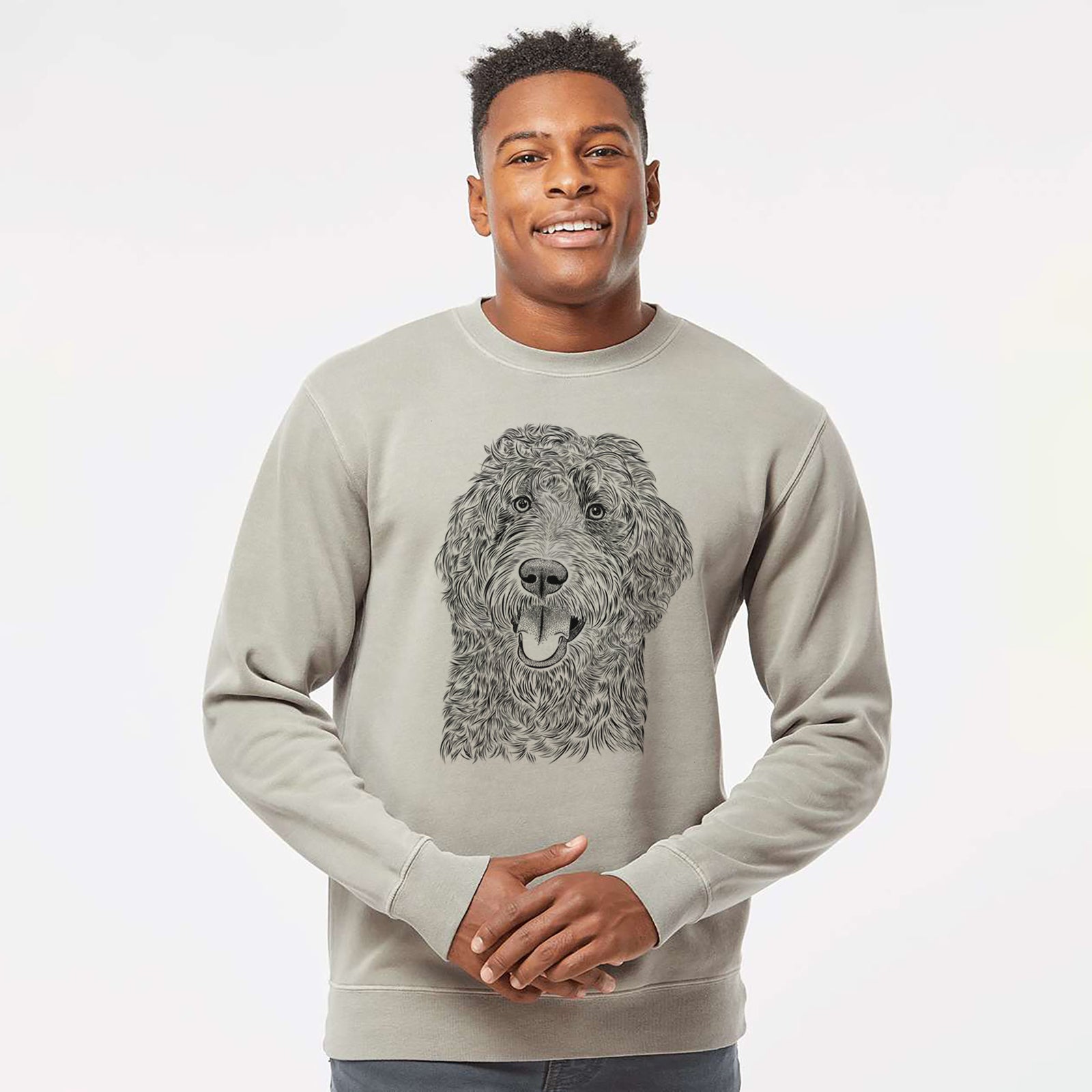 Hand-drawn sketch of Murr Dog the Labradoodle on a Cement Unisex pigment dyed crew sweatshirt