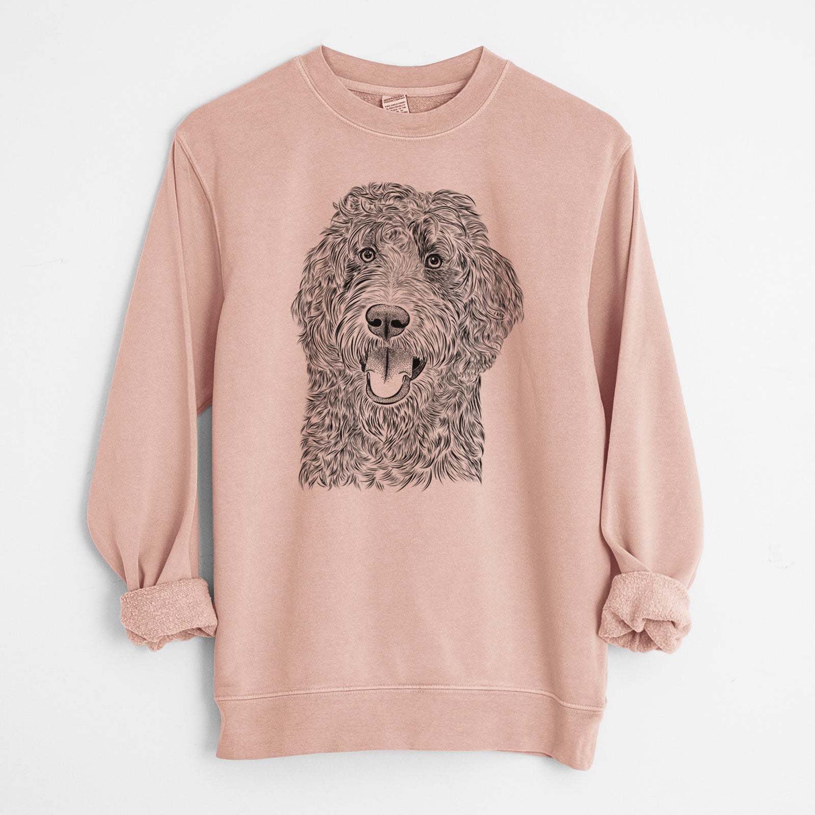 Hand-drawn sketch of Murr Dog the Labradoodle on a Dusty Pink Unisex pigment dyed crew sweatshirt