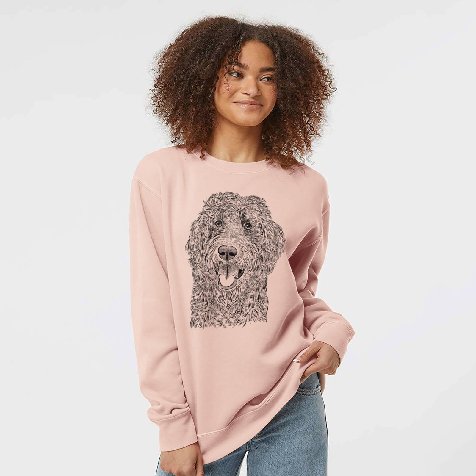Hand-drawn sketch of Murr Dog the Labradoodle on a Dusty Pink Unisex pigment dyed crew sweatshirt