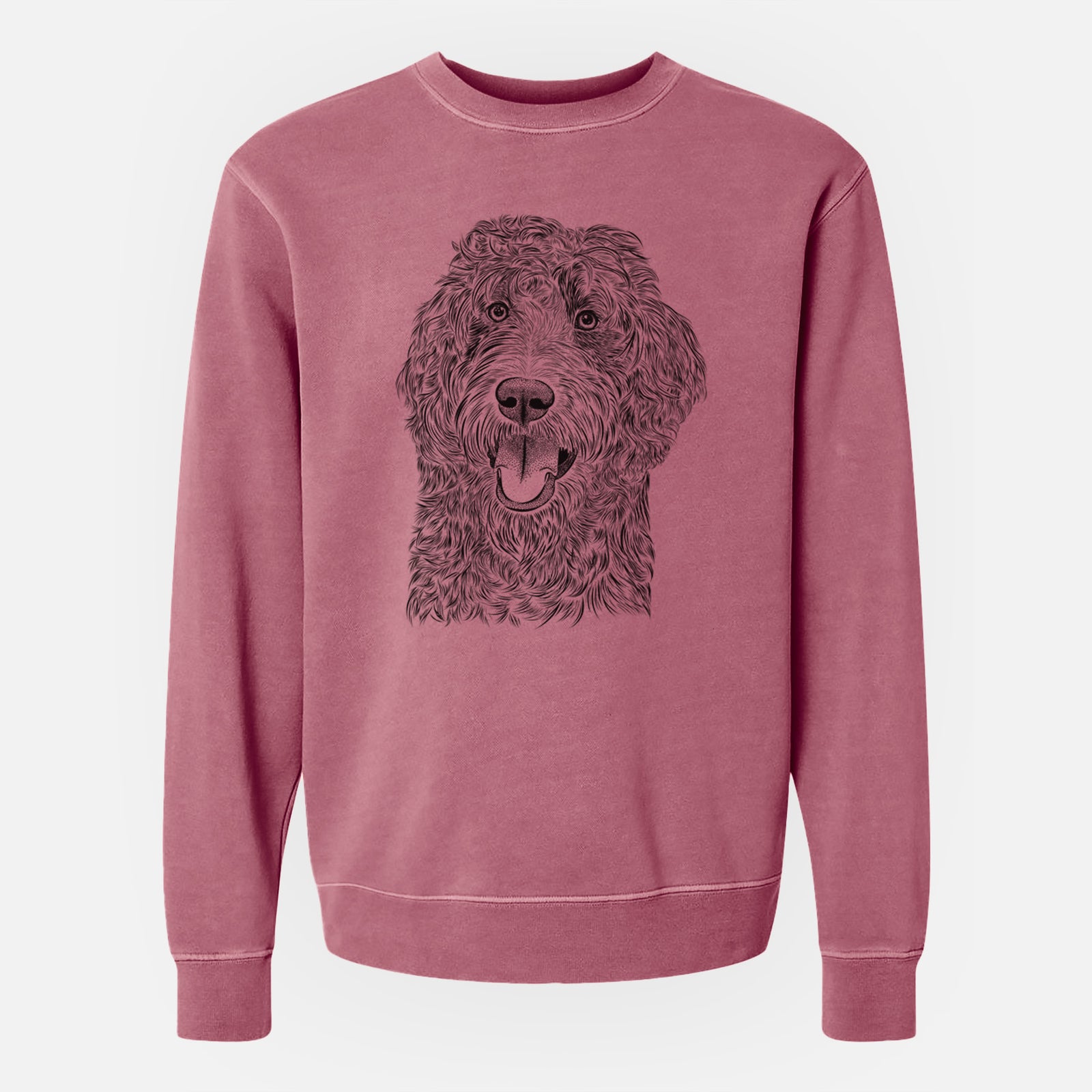 Hand-drawn sketch of Murr Dog the Labradoodle on a Maroon Unisex pigment dyed crew sweatshirt
