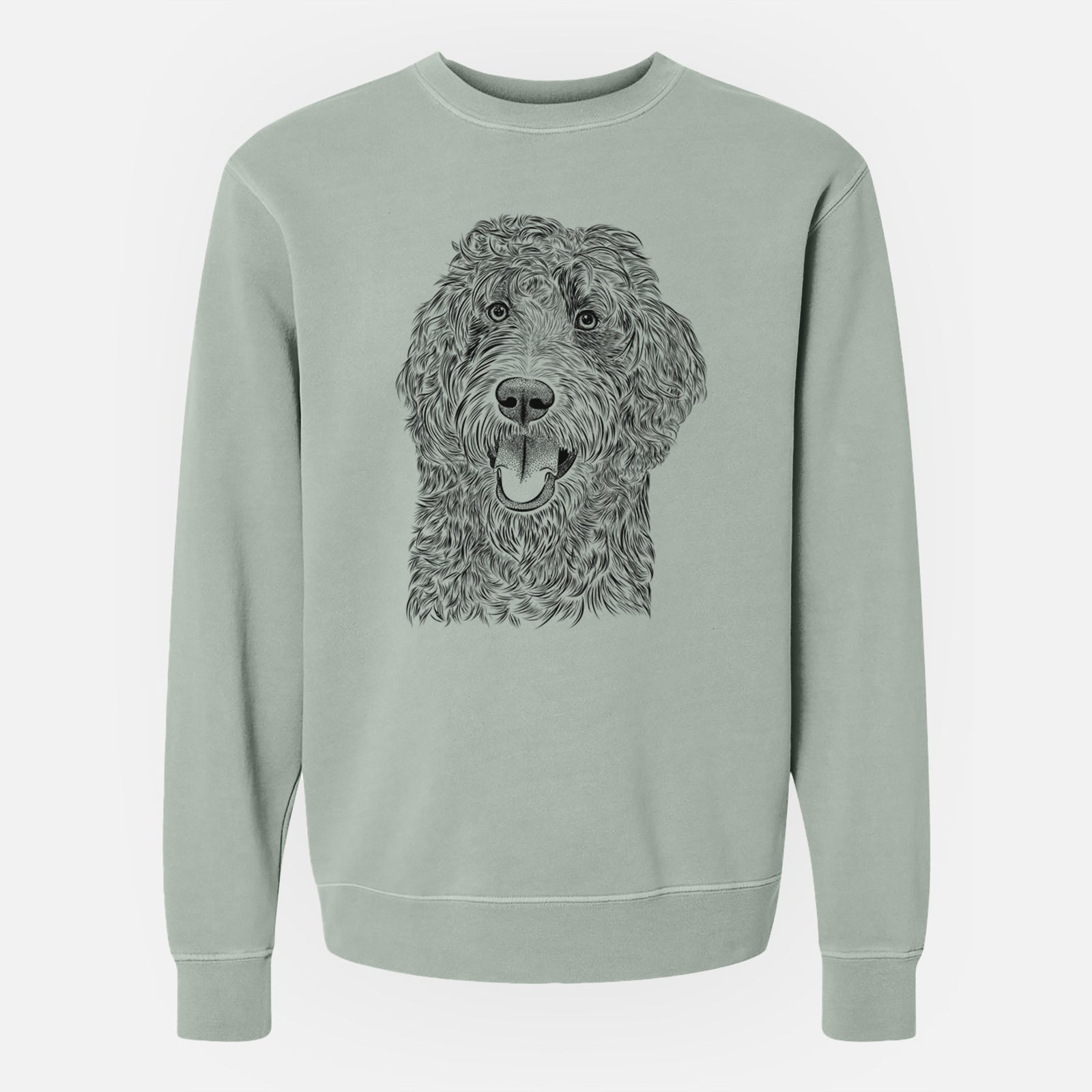 Hand-drawn sketch of Murr Dog the Labradoodle on a Sage Unisex pigment dyed crew sweatshirt