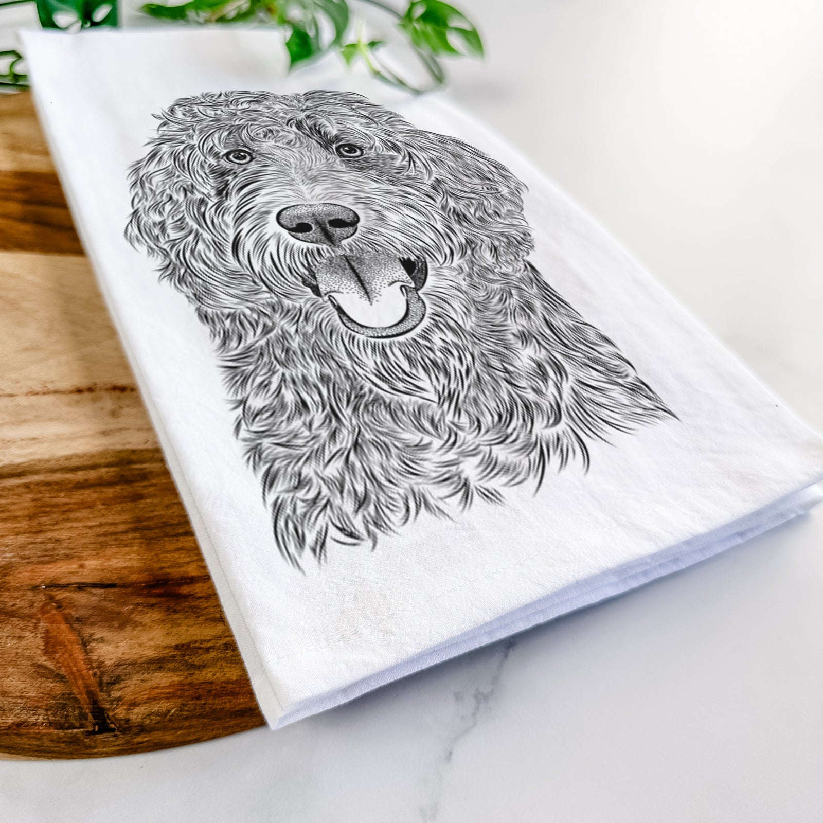 Hand-drawn sketch of Murr Dog the Labradoodle on a tea towel