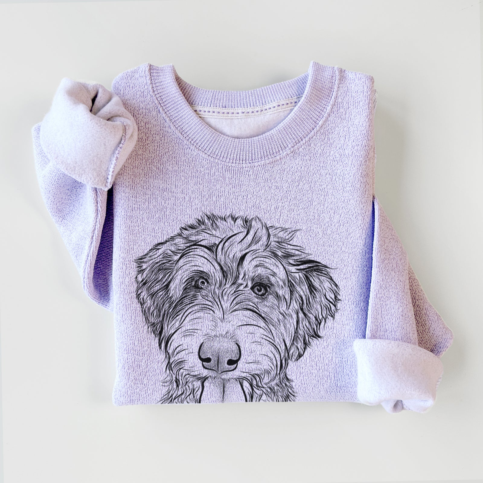 Hand-drawn sketch of Myrtle Mae the Aussiedoodle on an Ice Purple knit sweatshirt