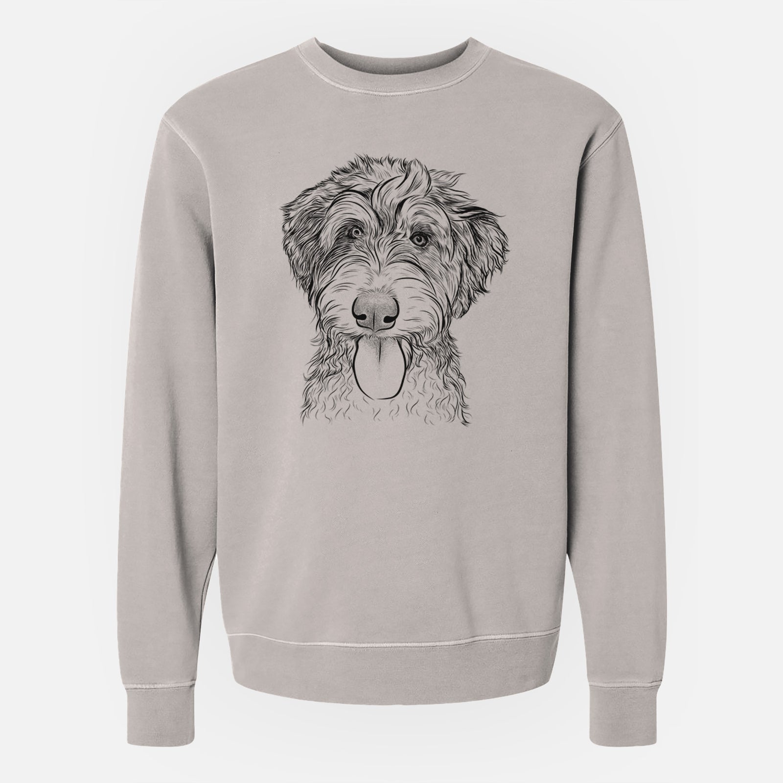 Hand-drawn sketch of Myrtle Mae the Aussiedoodle on a Cement Unisex pigment dyed crew sweatshirt