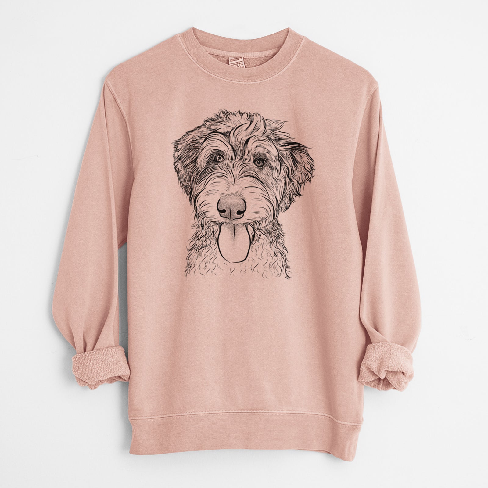 Hand-drawn sketch of Myrtle Mae the Aussiedoodle on a Dusty Pink Unisex pigment dyed crew sweatshirt