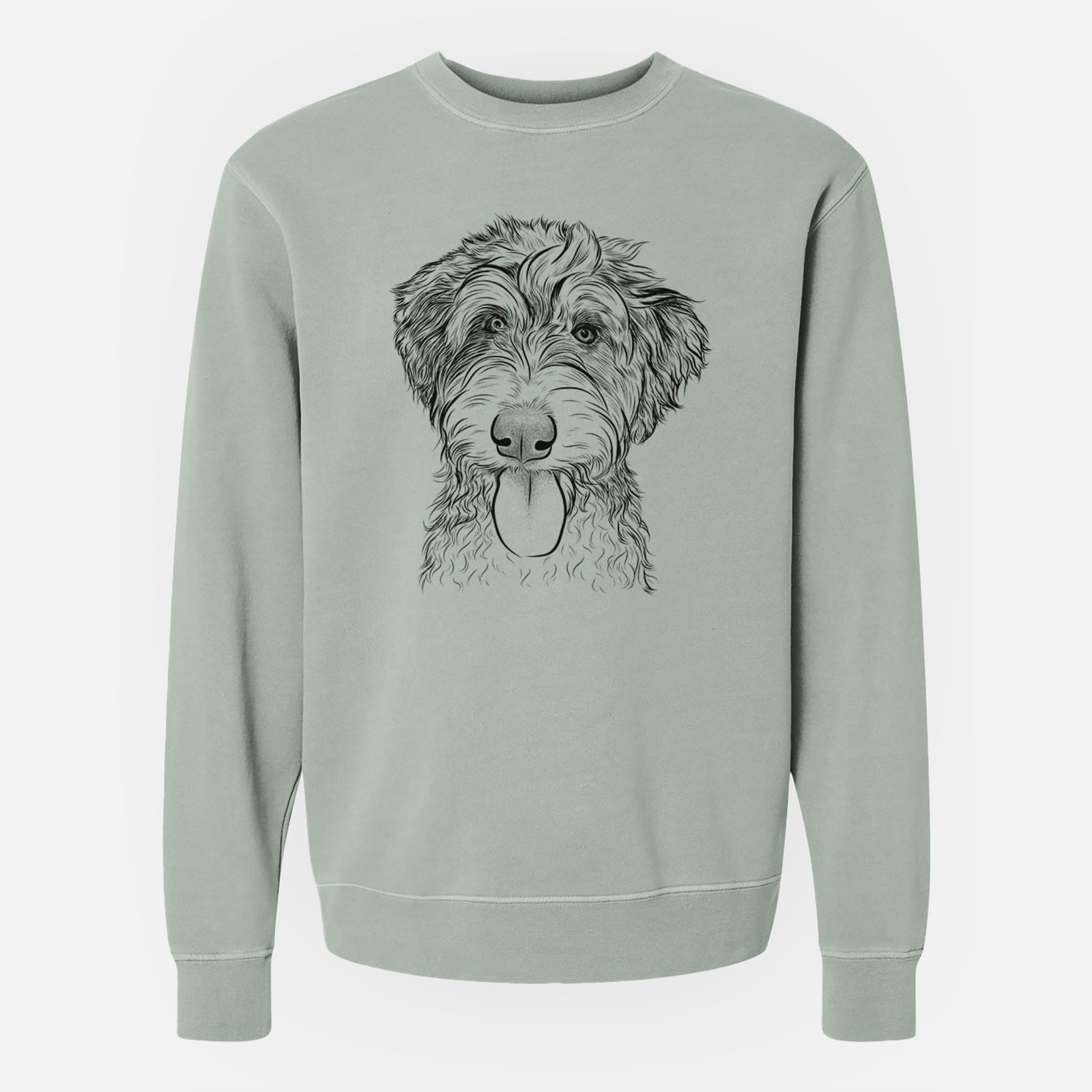 Hand-drawn sketch of Myrtle Mae the Aussiedoodle on a Sage Unisex pigment dyed crew sweatshirt