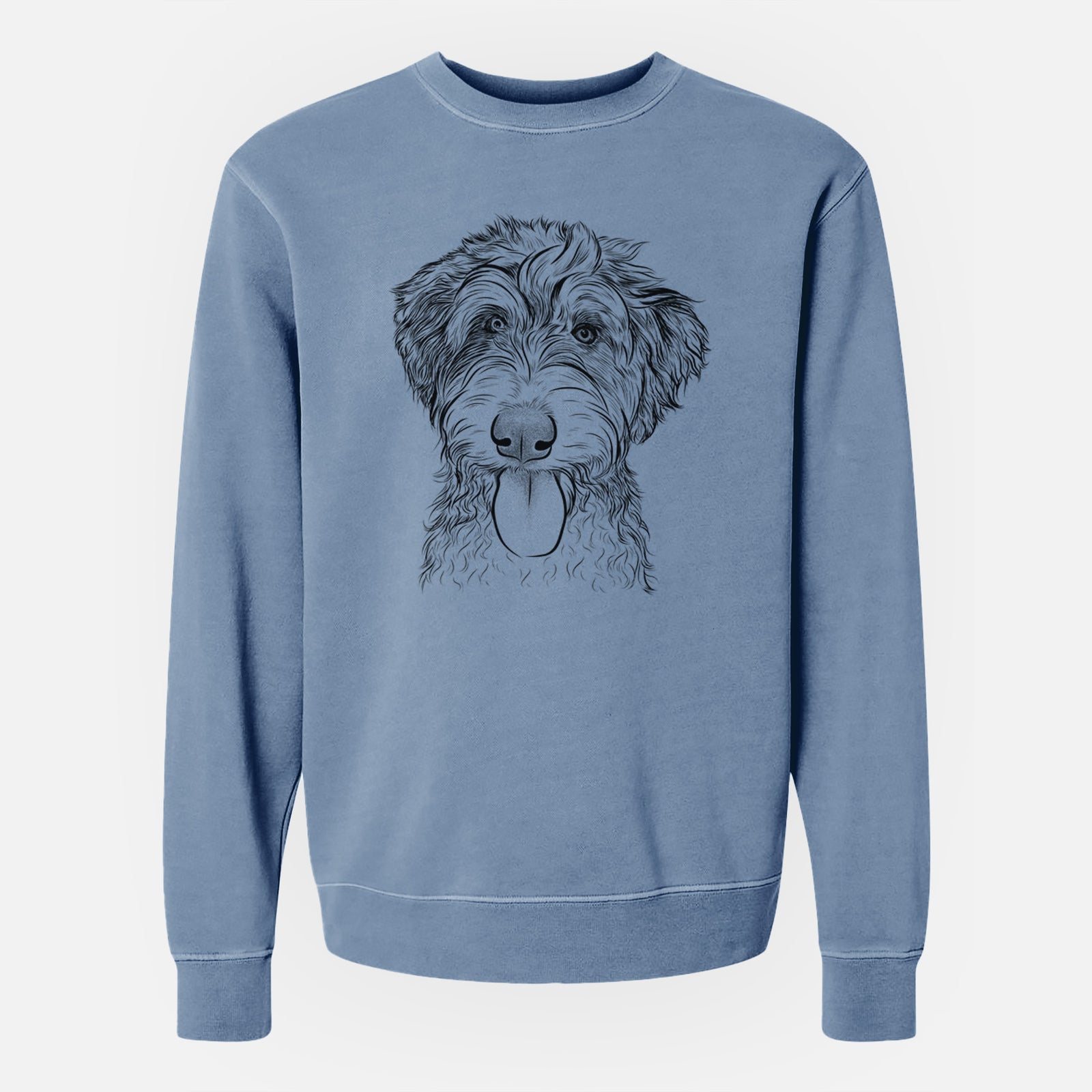 Hand-drawn sketch of Myrtle Mae the Aussiedoodle on a Slate Blue Unisex pigment dyed crew sweatshirt
