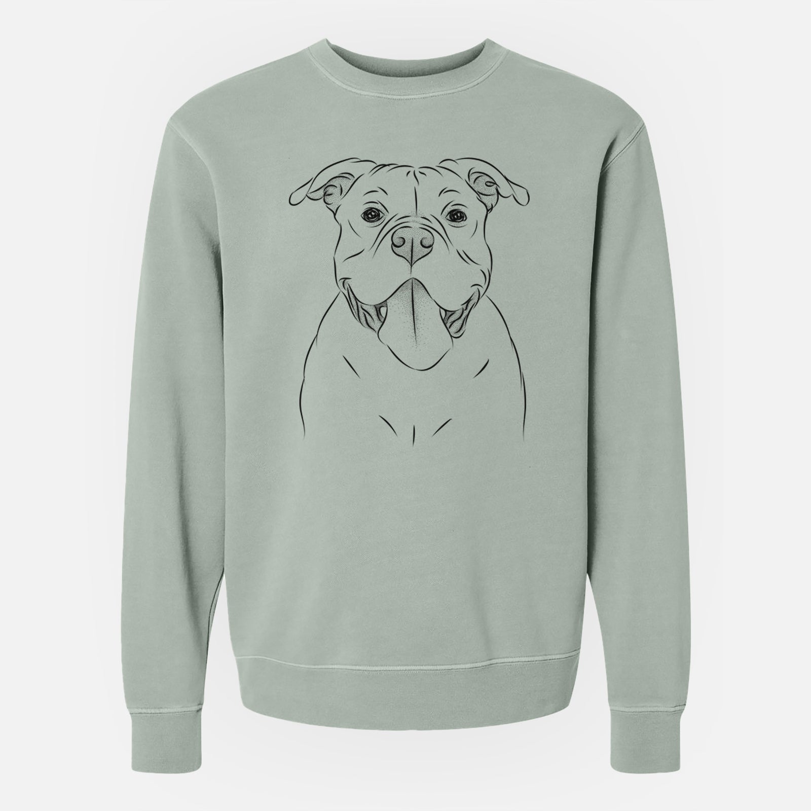 Hand-drawn sketch of Nacho the American Bully on a Sage Unisex pigment dyed crew sweatshirt