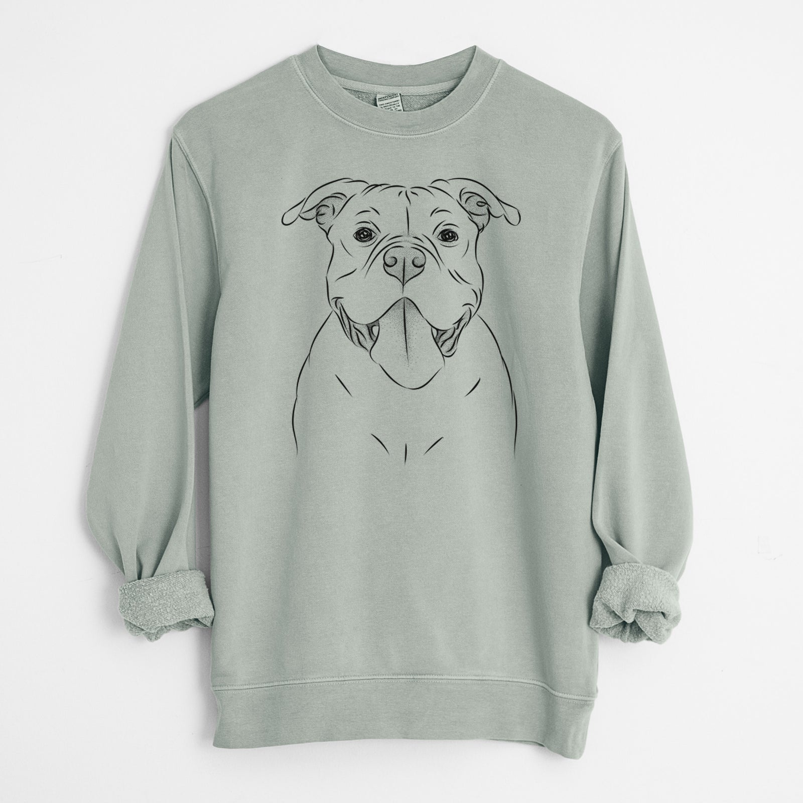Hand-drawn sketch of Nacho the American Bully on a Sage Unisex pigment dyed crew sweatshirt