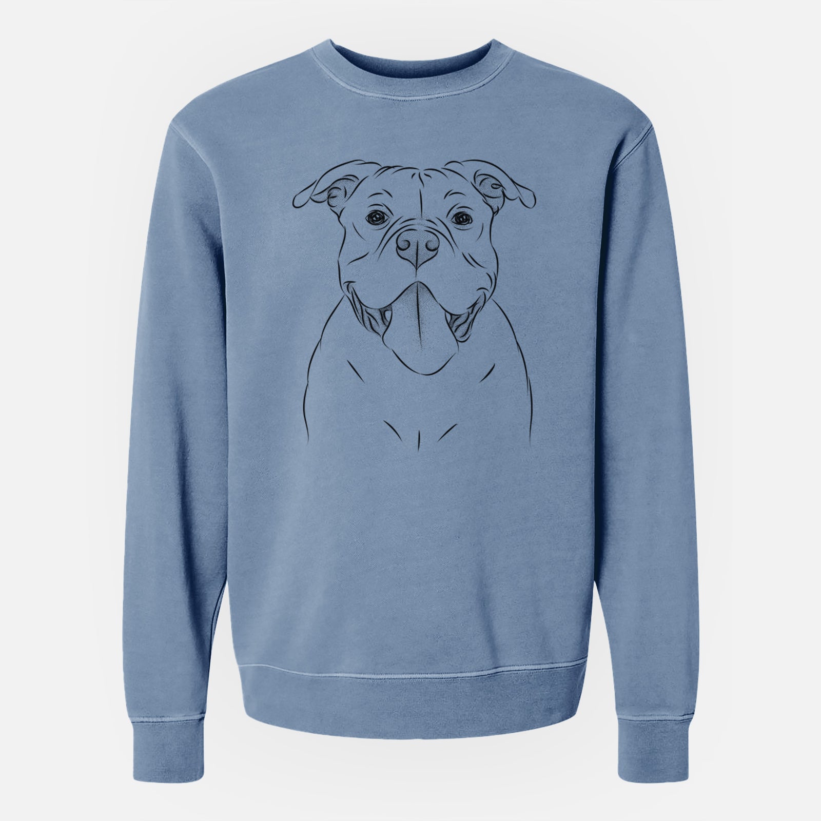 Hand-drawn sketch of Nacho the American Bully on a Slate Blue Unisex pigment dyed crew sweatshirt