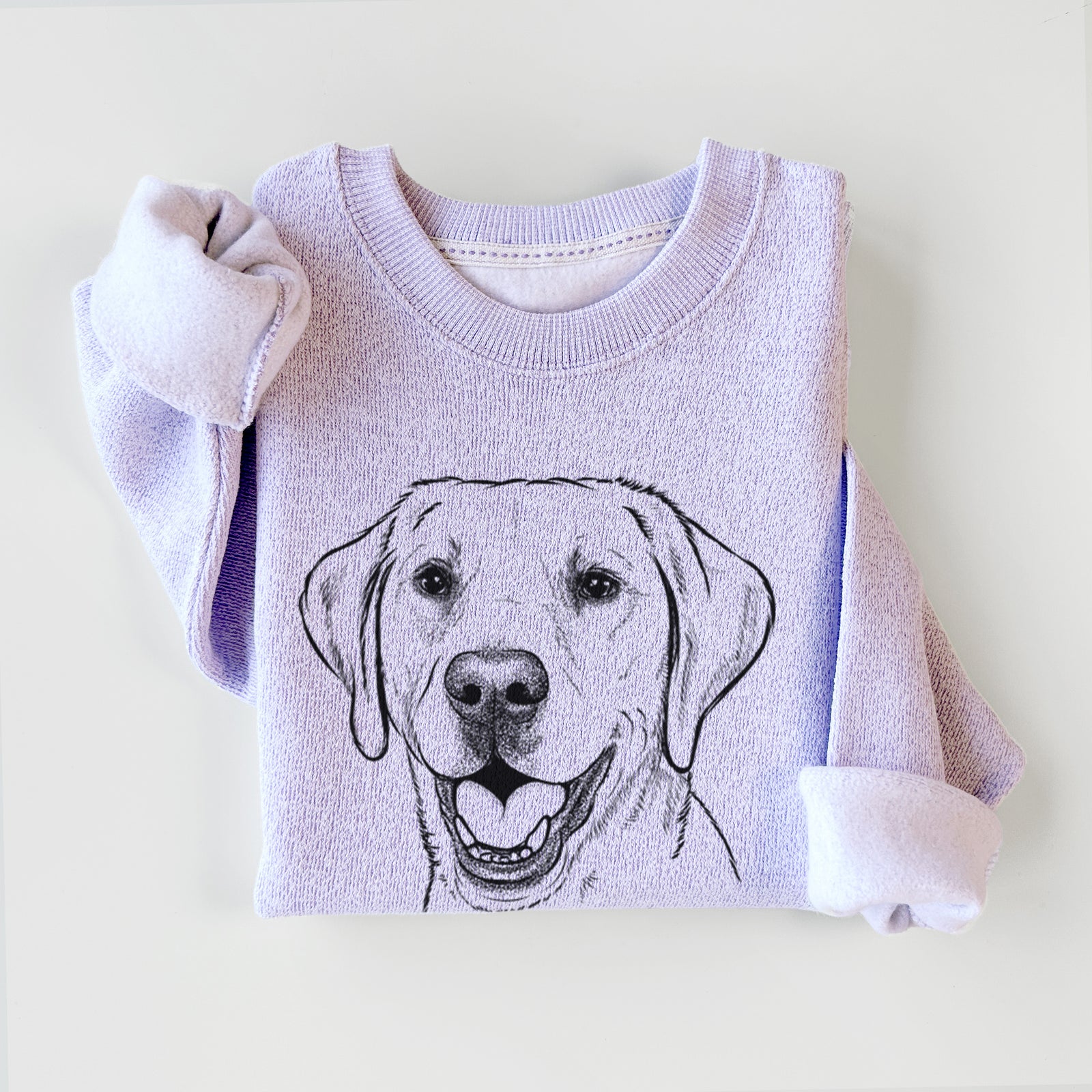 Hand-drawn sketch of Nate the Labrador Retriever on an Ice Purple knit sweatshirt