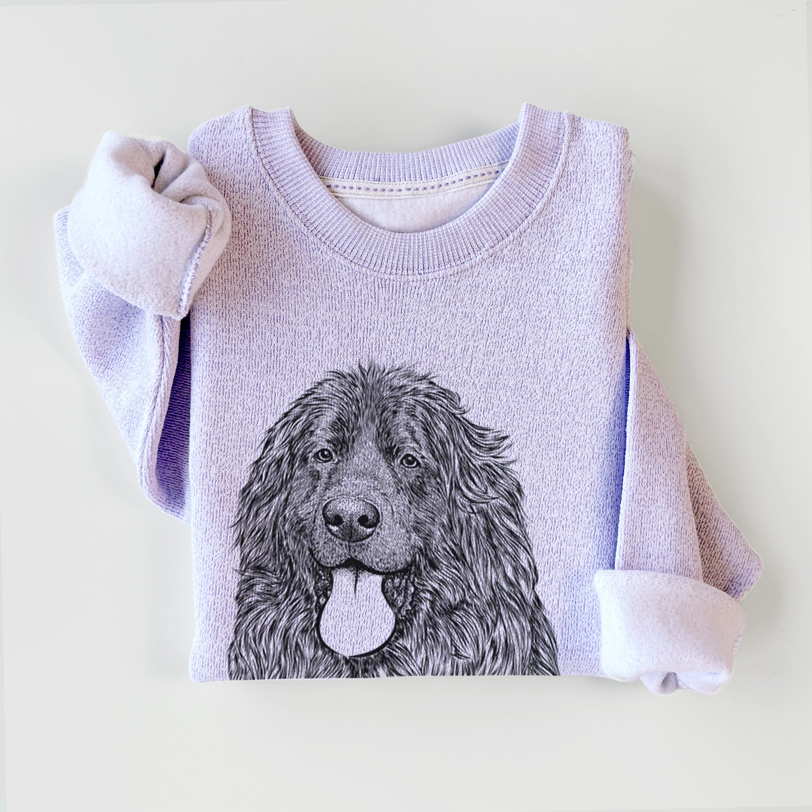 Hand-drawn sketch of Neptune the Newfoundland on an Ice Purple knit sweatshirt