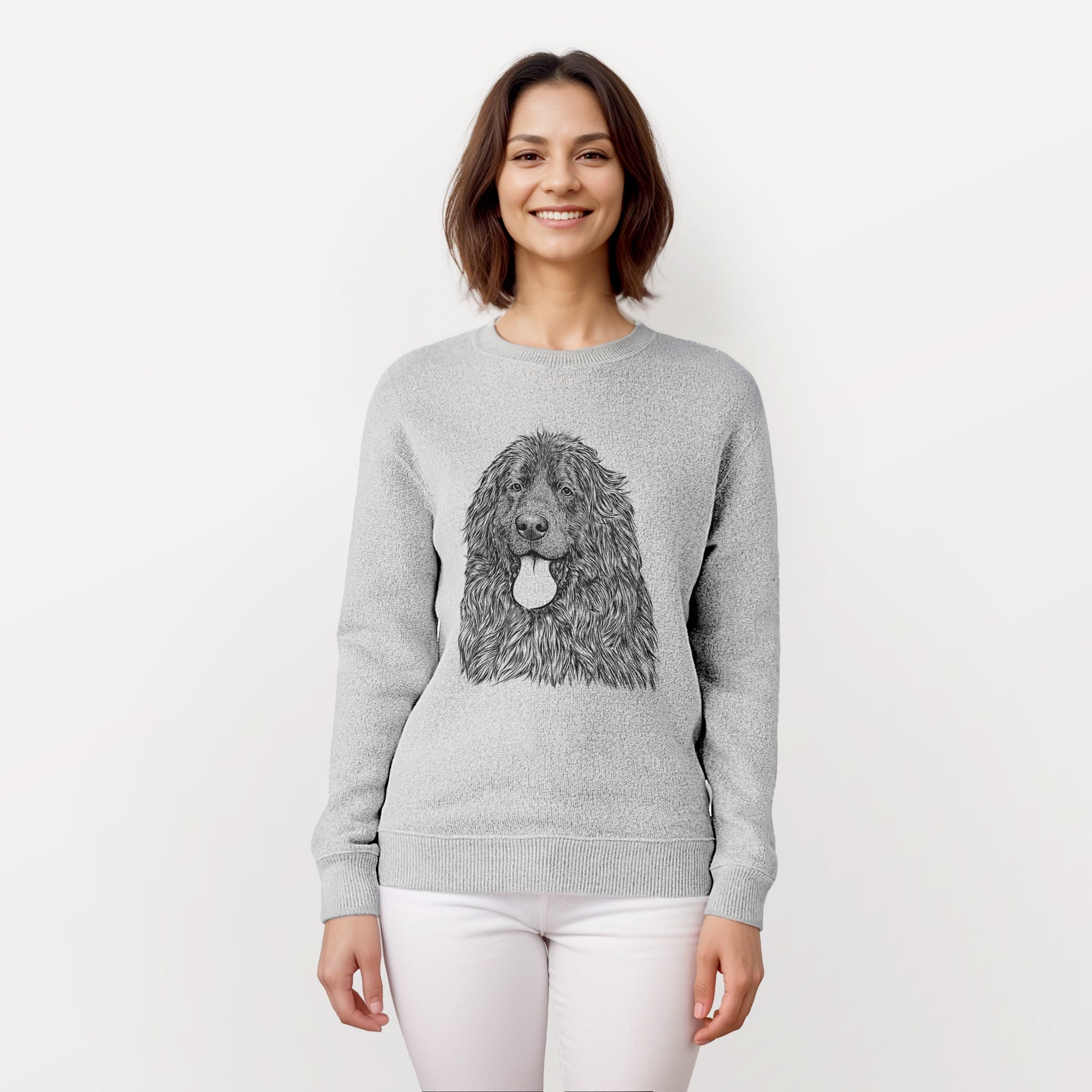 Hand-drawn sketch of Neptune the Newfoundland on a knit sweatshirt, worn by a woman