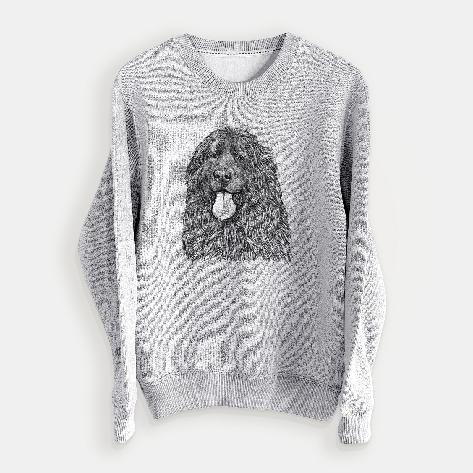 Hand-drawn sketch of Neptune the Newfoundland on a Salt Pepper knit sweatshirt