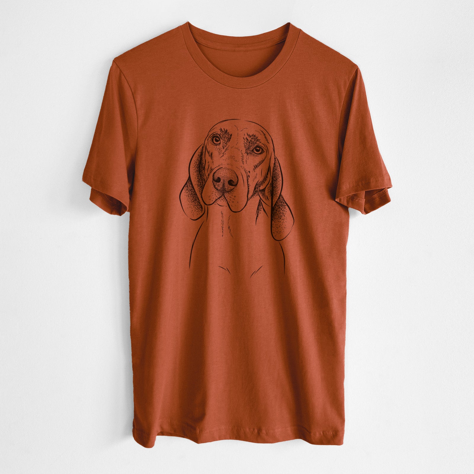 Hand-drawn sketch of Norman the Plott Hound on an Autumn Unisex crewneck, worn by a man