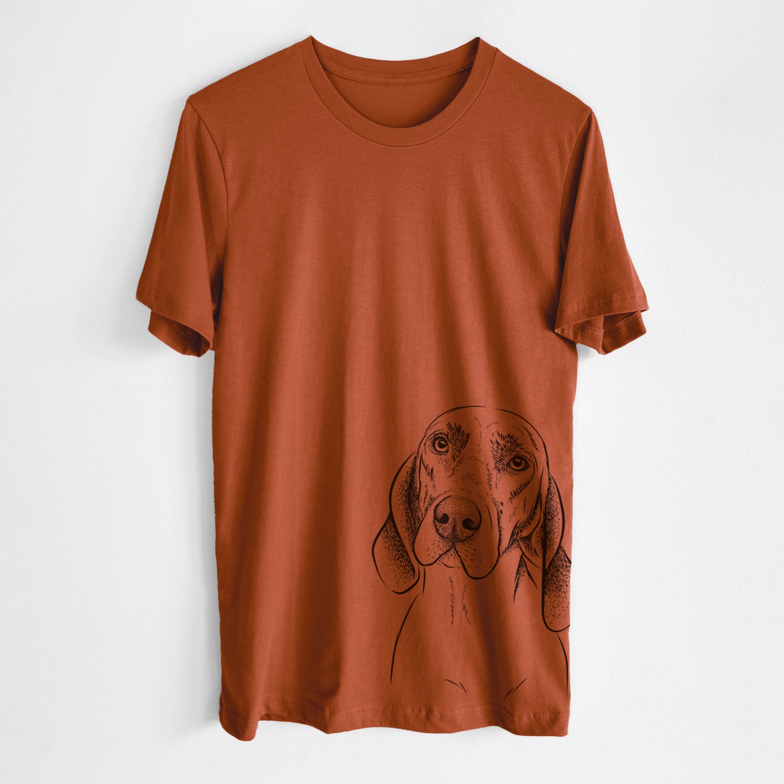 Hand-drawn sketch of Norman the Plott Hound on an Autumn Unisex crewneck, worn by a man