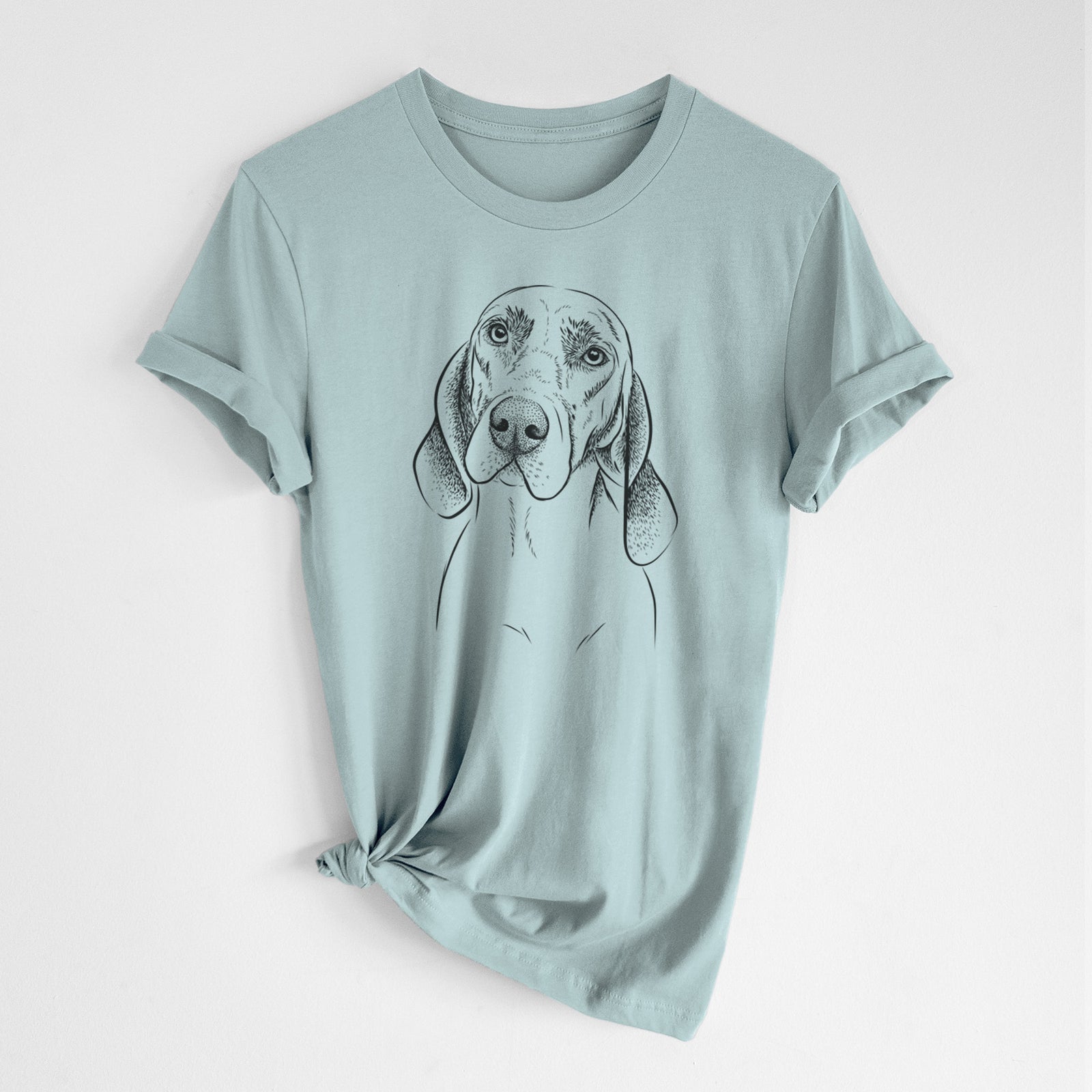 Hand-drawn sketch of Norman the Plott Hound on a Dusty Blue Unisex crewneck, worn by a woman