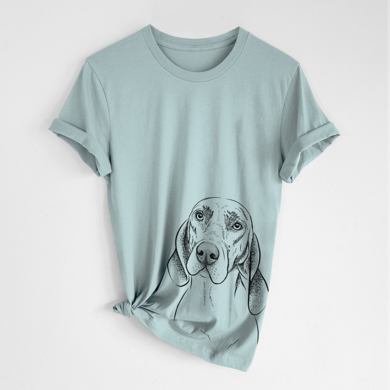 Hand-drawn sketch of Norman the Plott Hound on a Dusty Blue Unisex crewneck, worn by a woman