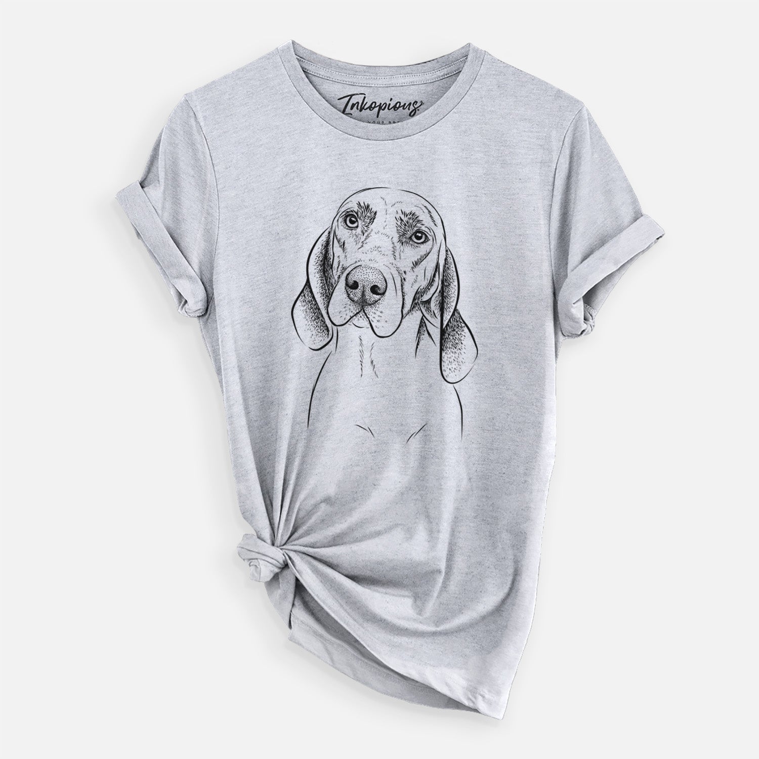 Hand-drawn sketch of Norman the Plott Hound on a Grey Unisex crewneck, worn by a woman