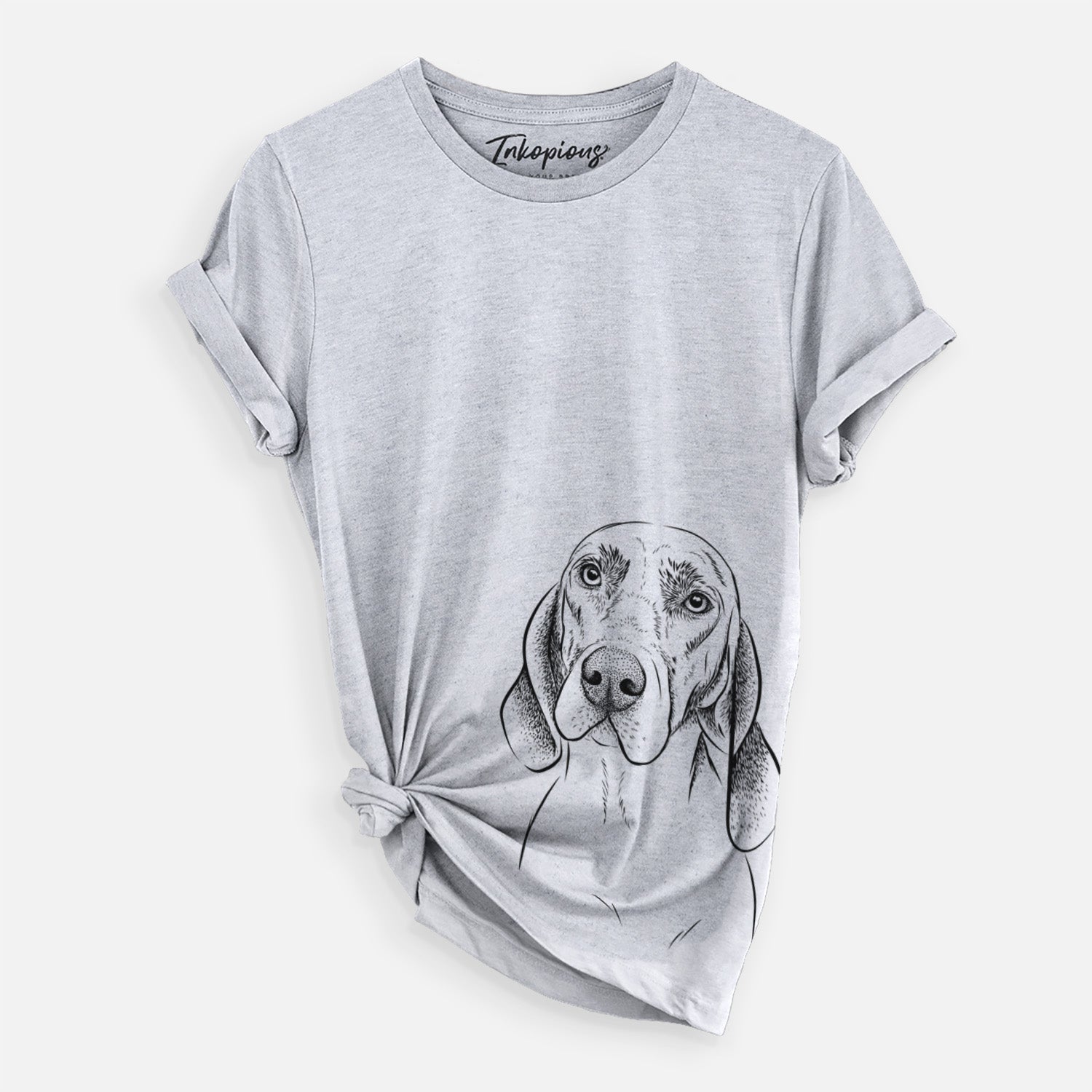 Hand-drawn sketch of Norman the Plott Hound on a Grey Unisex crewneck, worn by a woman