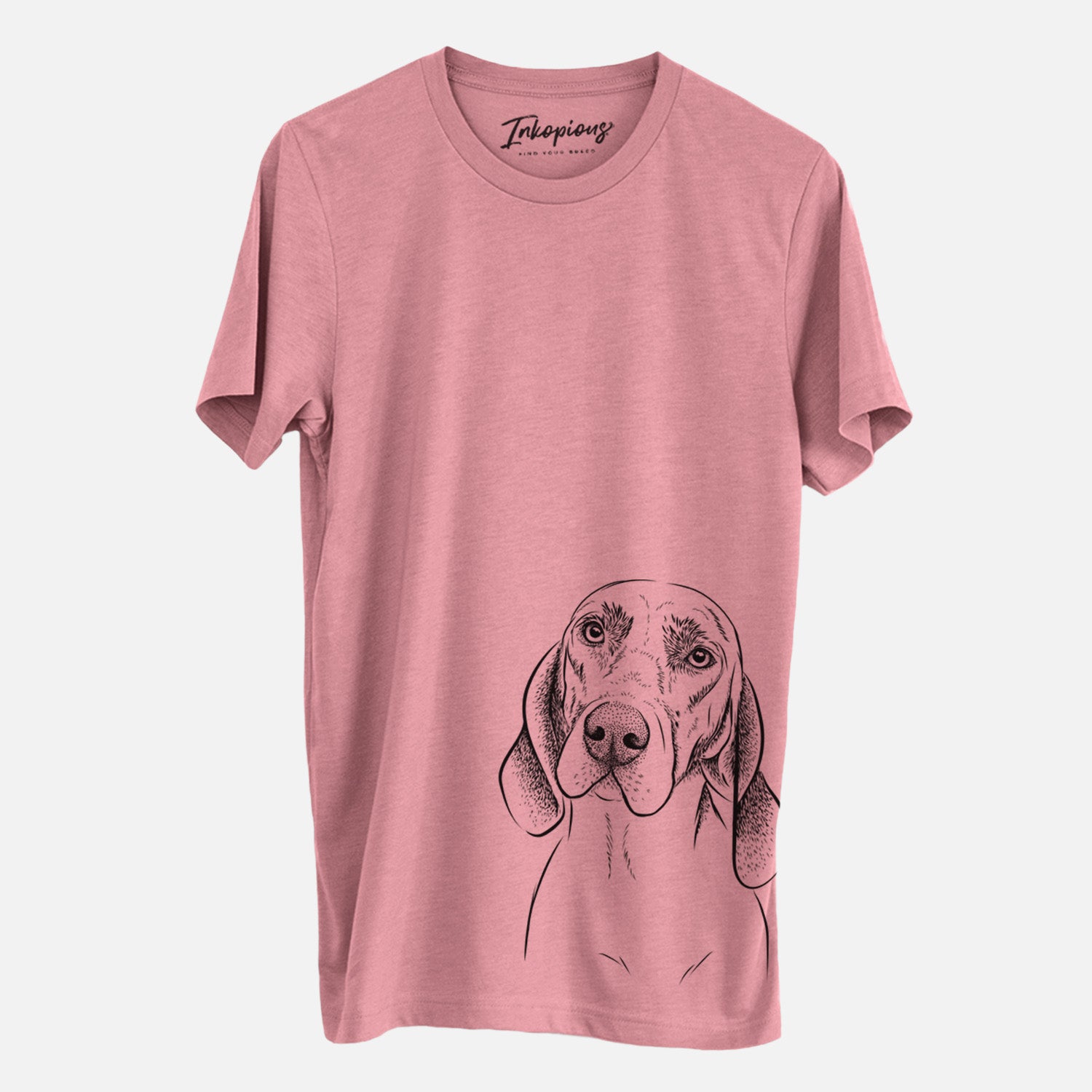 Hand-drawn sketch of Norman the Plott Hound on a Mauve Unisex crewneck, worn by a man