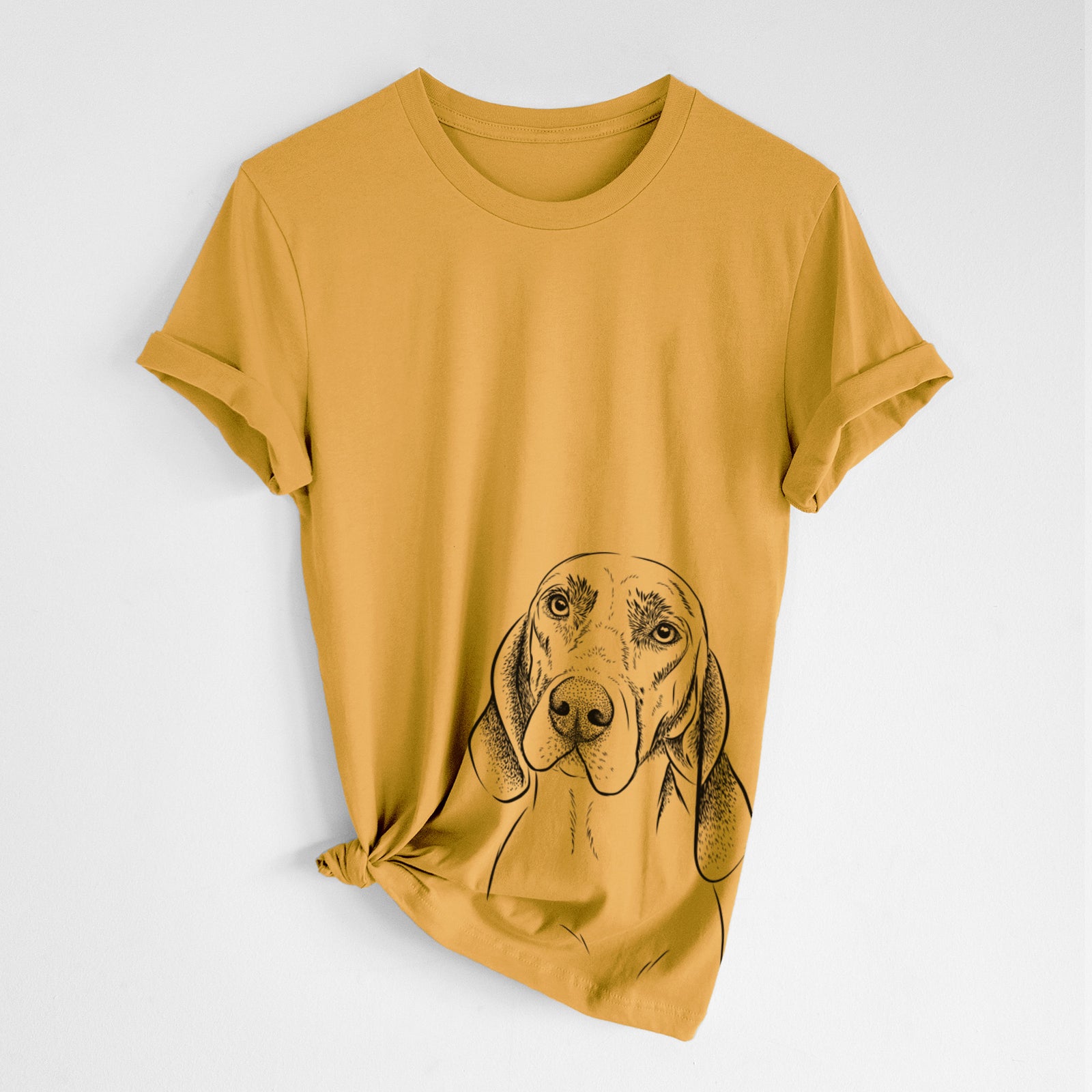Hand-drawn sketch of Norman the Plott Hound on a Mustard Unisex crewneck, worn by a woman
