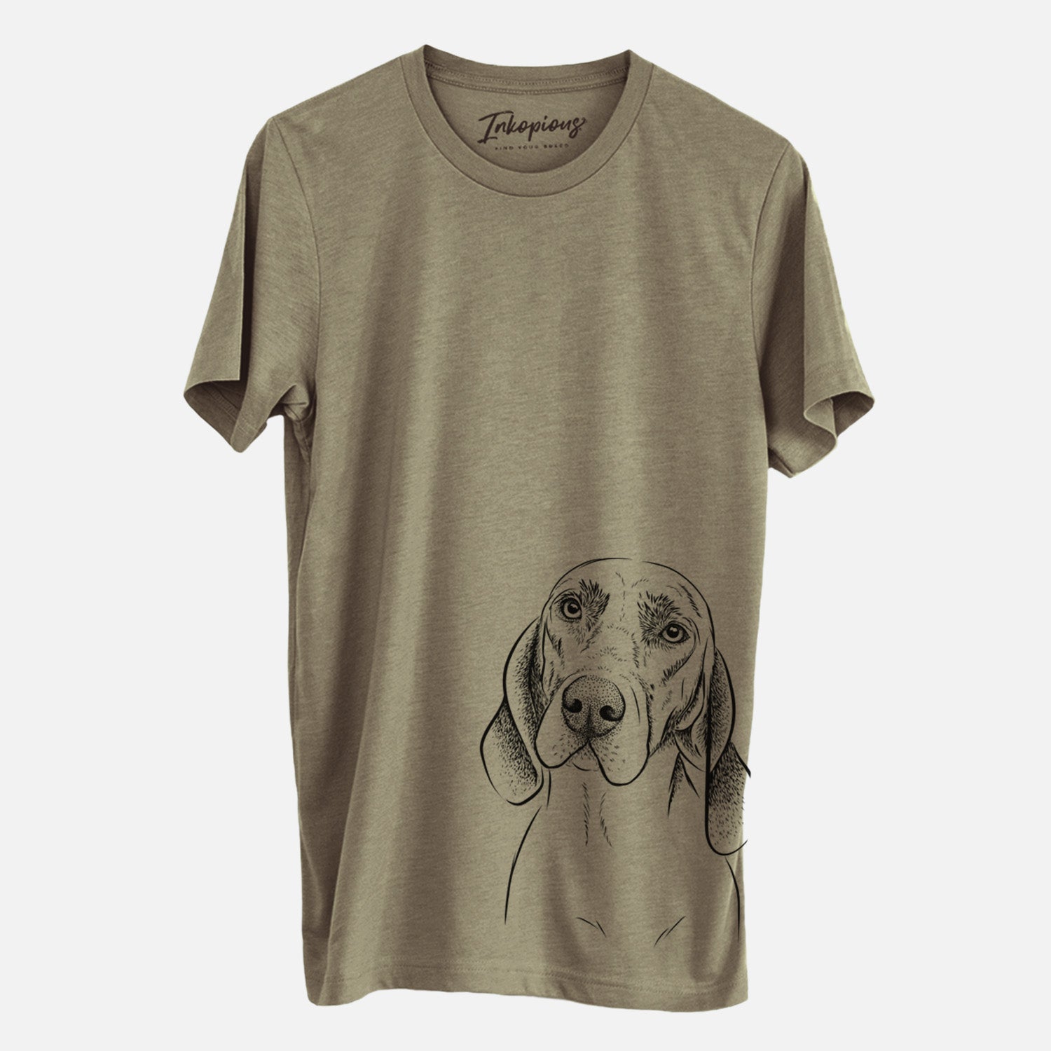 Hand-drawn sketch of Norman the Plott Hound on an Olive Unisex crewneck, worn by a man