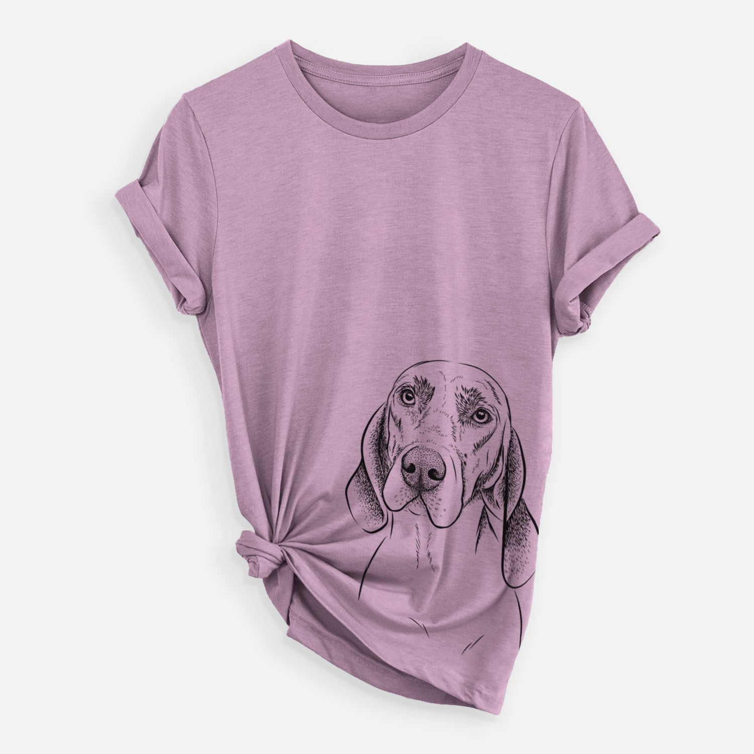 Hand-drawn sketch of Norman the Plott Hound on an Orchid Unisex crewneck, worn by a woman