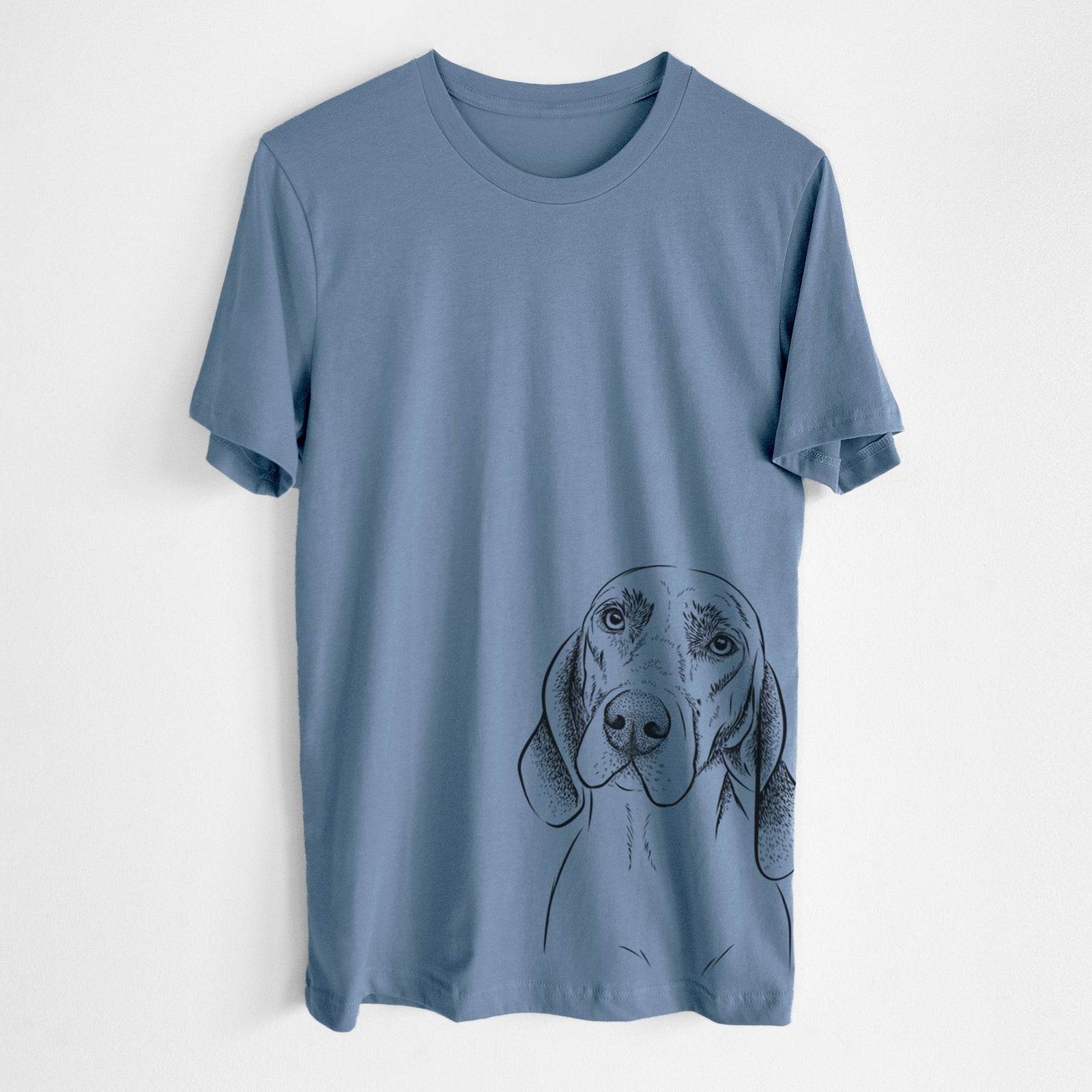 Hand-drawn sketch of Norman the Plott Hound on a Steel Blue Unisex crewneck, worn by a man