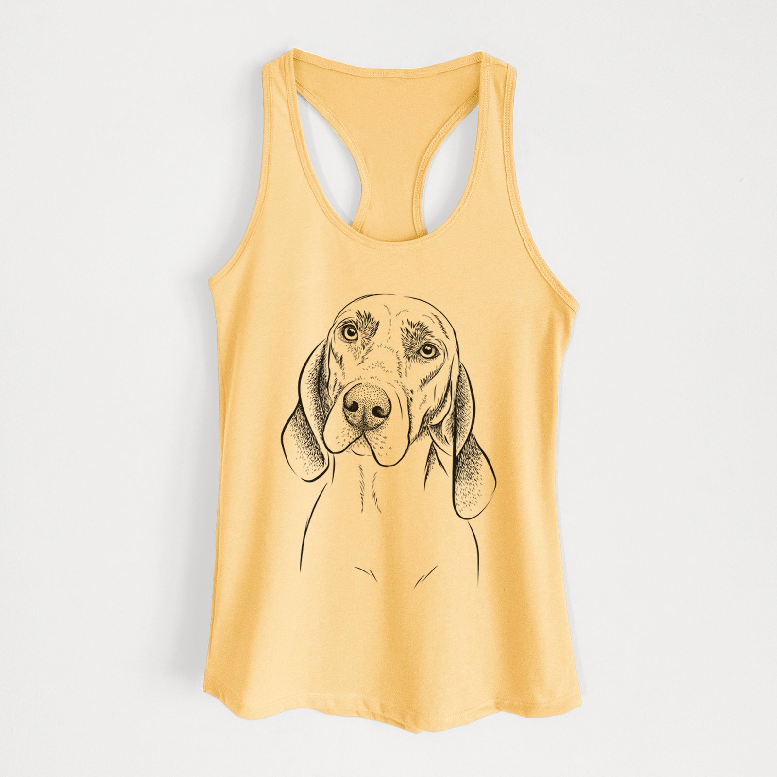 Hand-drawn sketch of Norman the Plott Hound on a Banana Cream Women's racerback tanktop