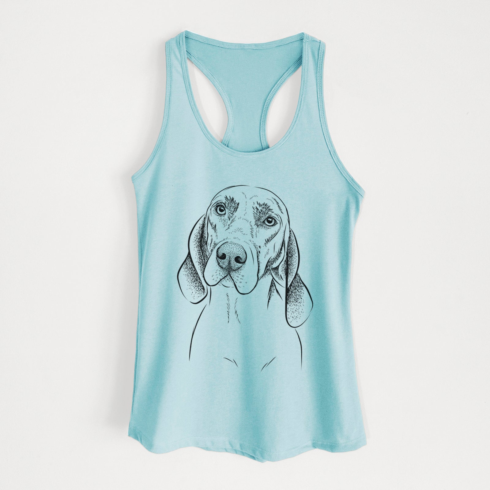 Hand-drawn sketch of Norman the Plott Hound on a Cancun Blue Women's racerback tanktop