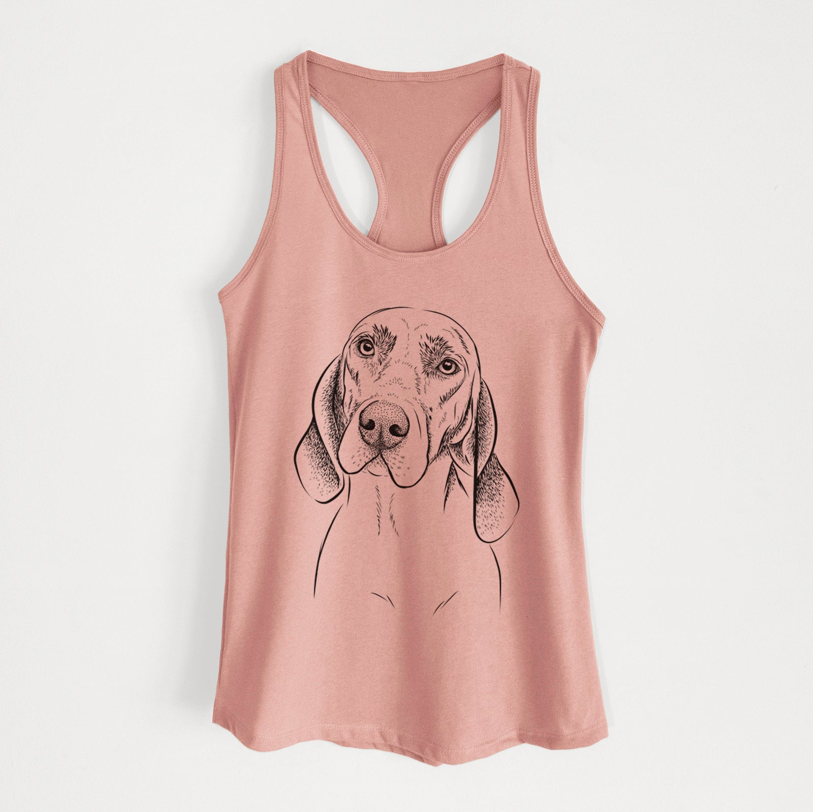 Hand-drawn sketch of Norman the Plott Hound on a Desert Pink Women's racerback tanktop